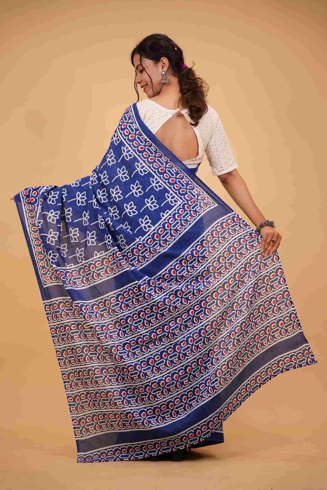 Mulmul Cotton JaipurI Indigo with Hand Block Printed Ready to wear Saree
