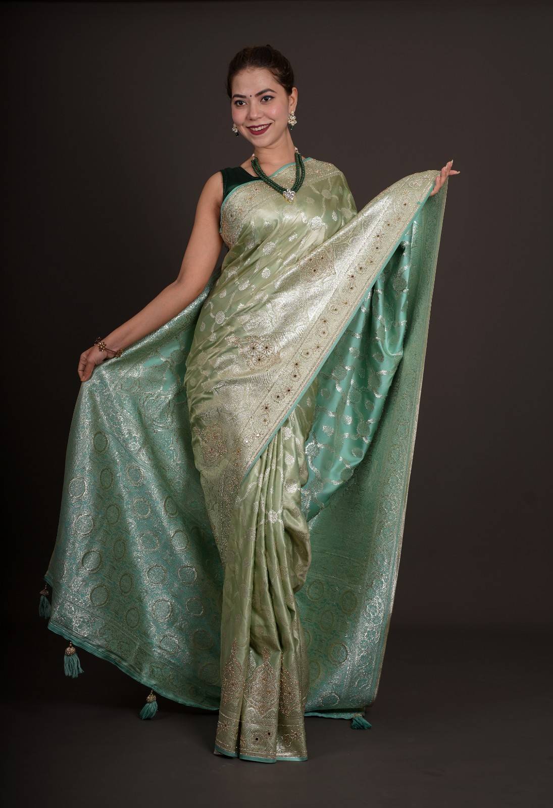 Karwachauth Special - Pista Green Premium Quality Silk With Heavily Intricated Stone Embellished Ready To Wear Saree