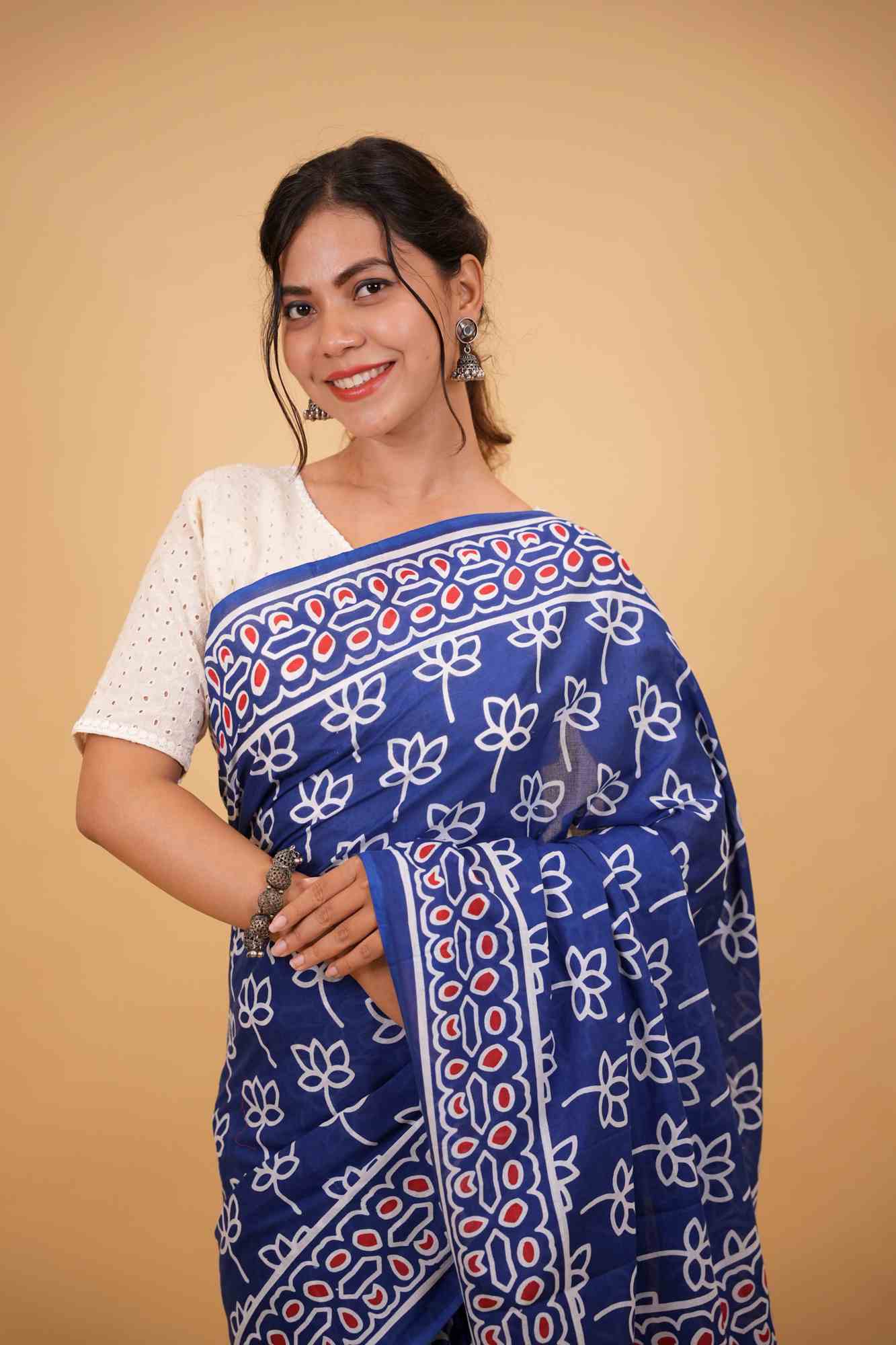 Mulmul Cotton JaipurI Indigo with Hand Block Printed Ready to wear Saree