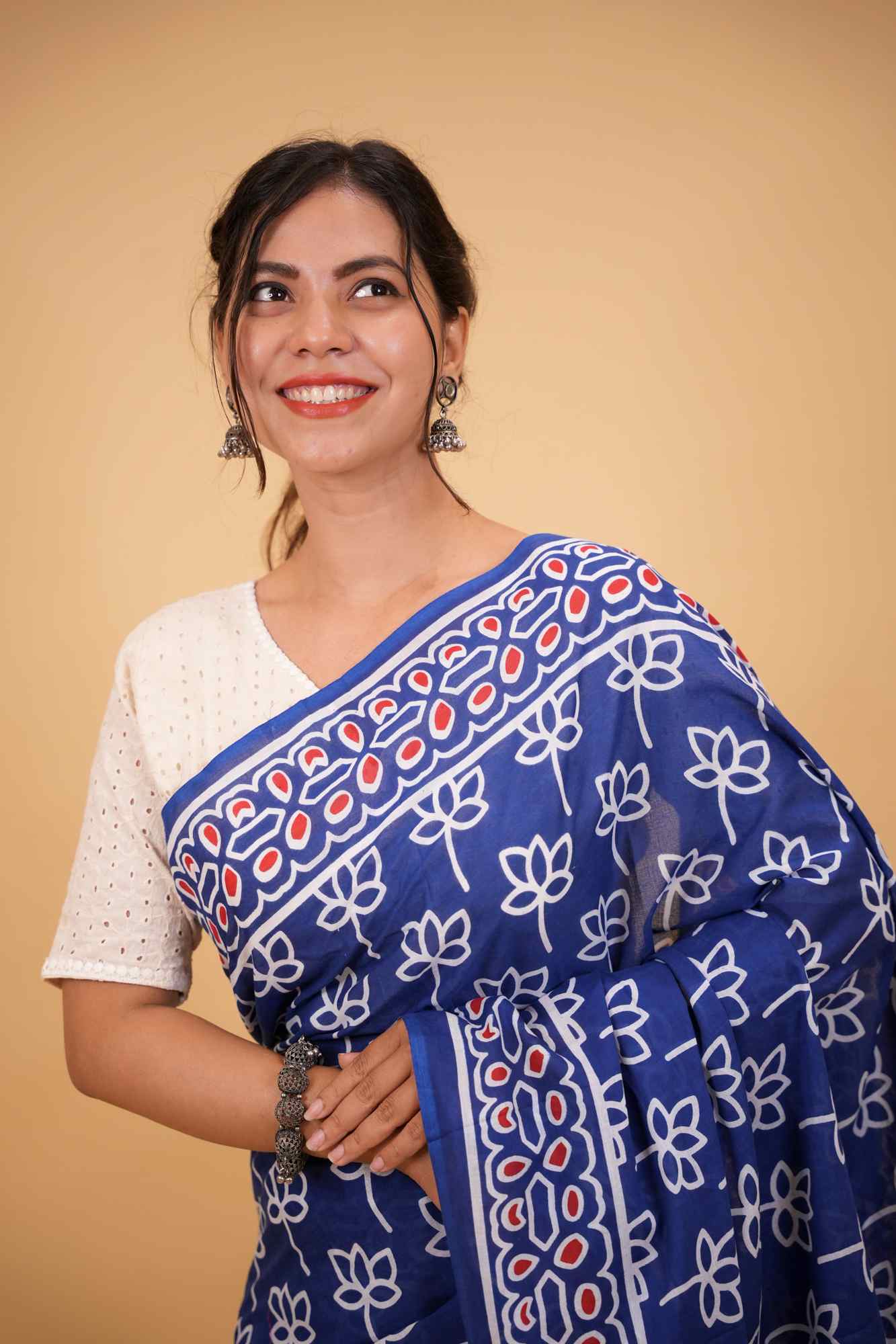 Mulmul Cotton JaipurI Indigo with Hand Block Printed Ready to wear Saree