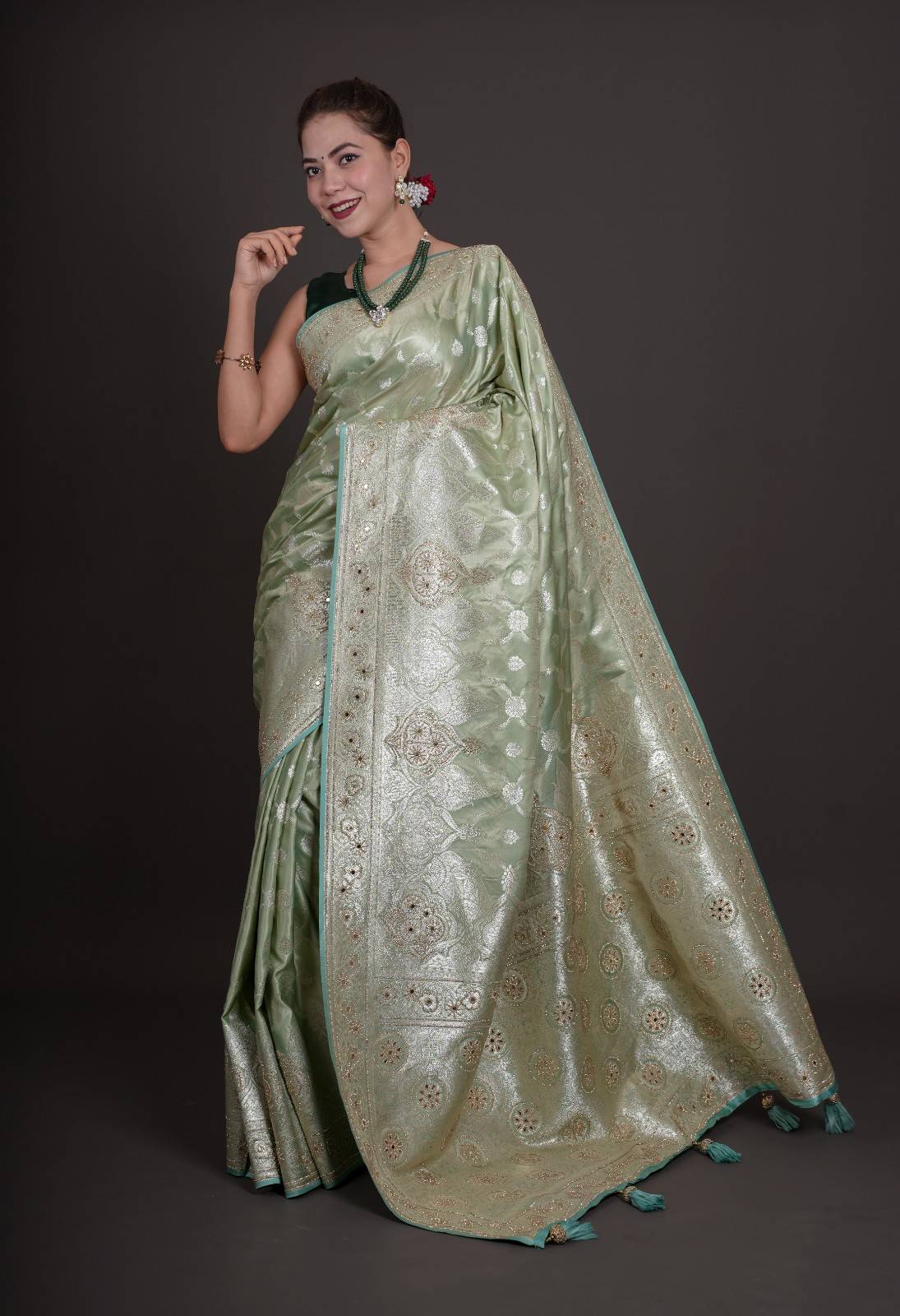 Karwachauth Special - Pista Green Premium Quality Silk With Heavily Intricated Stone Embellished Ready To Wear Saree