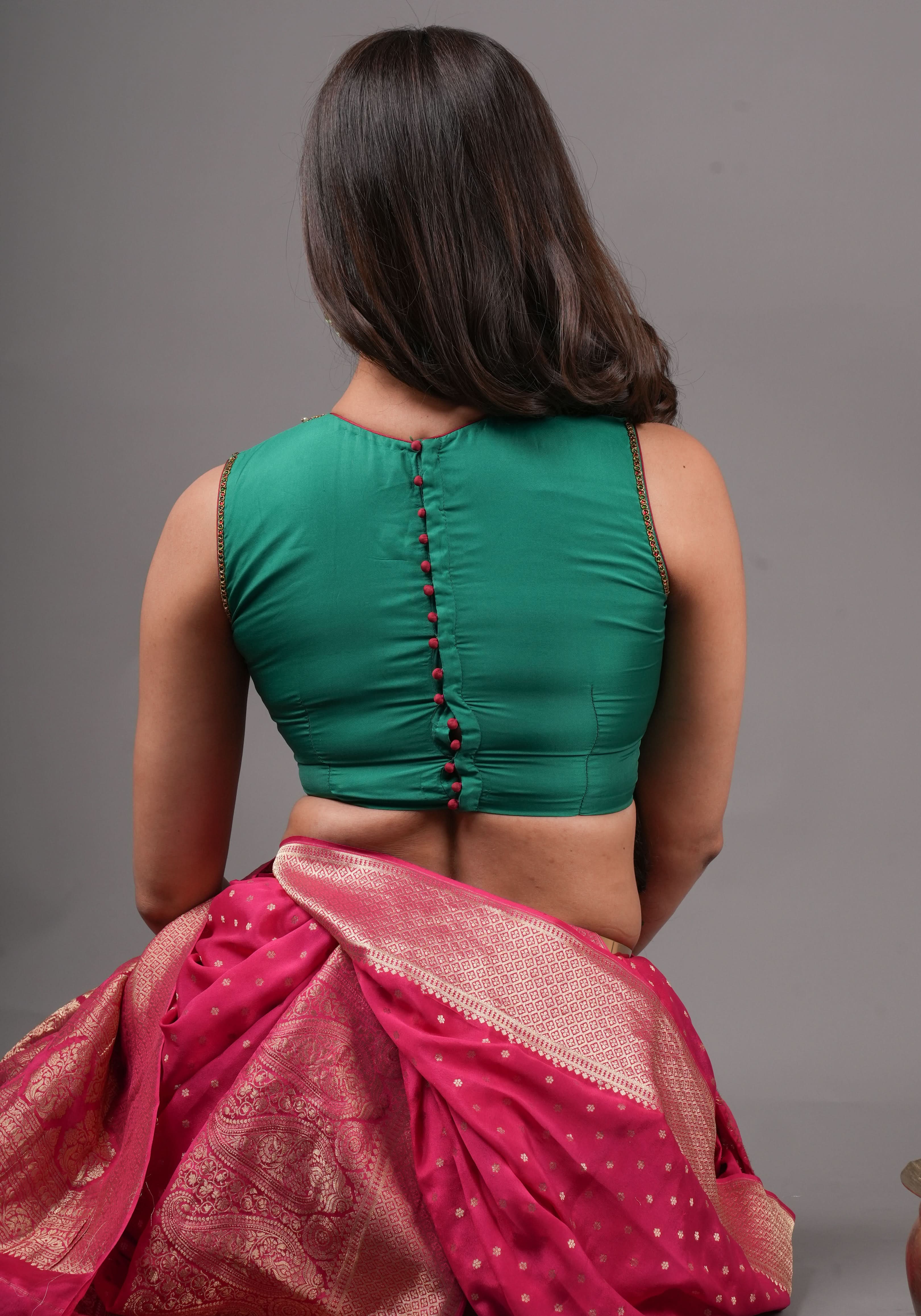 Green  Necklace Design Jadau Ornamental Sleeveless Blouse in Emerald Green Silk , Made to Order | Shobitam