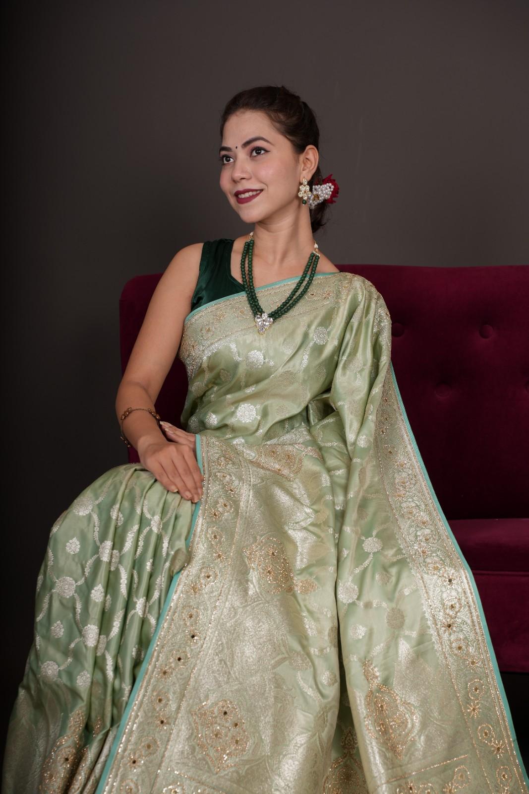 Karwachauth Special - Pista Green Premium Quality Silk With Heavily Intricated Stone Embellished Ready To Wear Saree