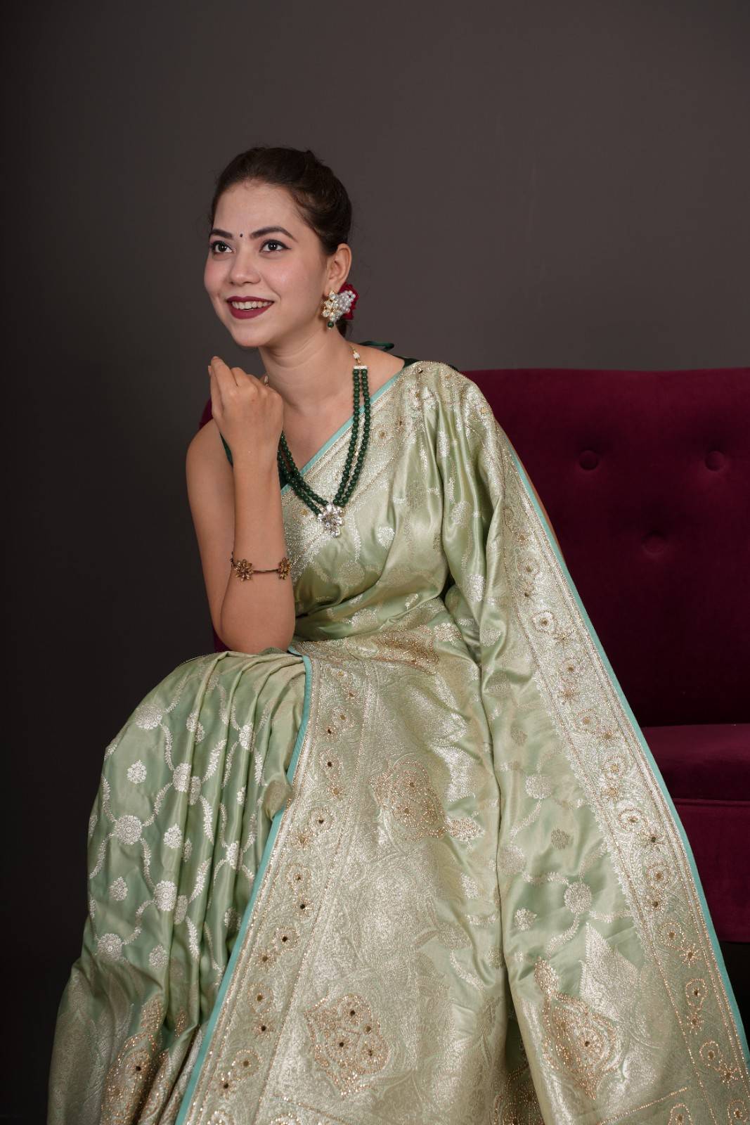 Karwachauth Special - Pista Green Premium Quality Silk With Heavily Intricated Stone Embellished Ready To Wear Saree