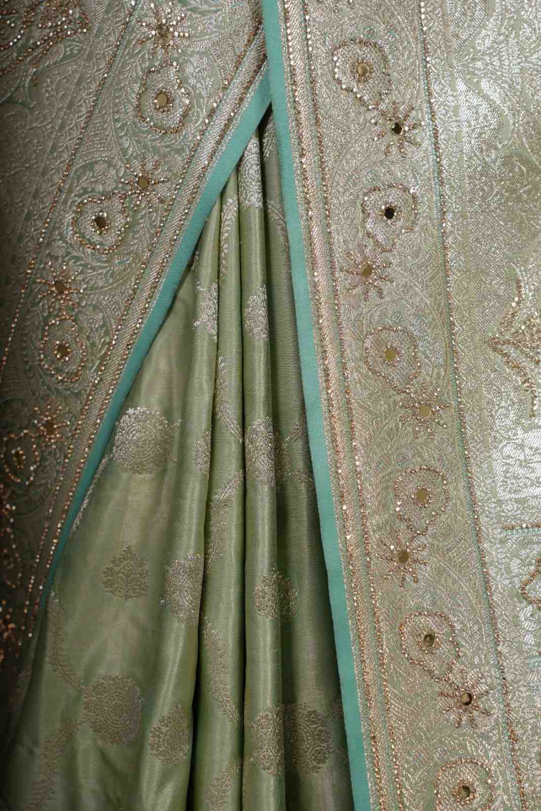 Karwachauth Special - Pista Green Premium Quality Silk With Heavily Intricated Stone Embellished Ready To Wear Saree