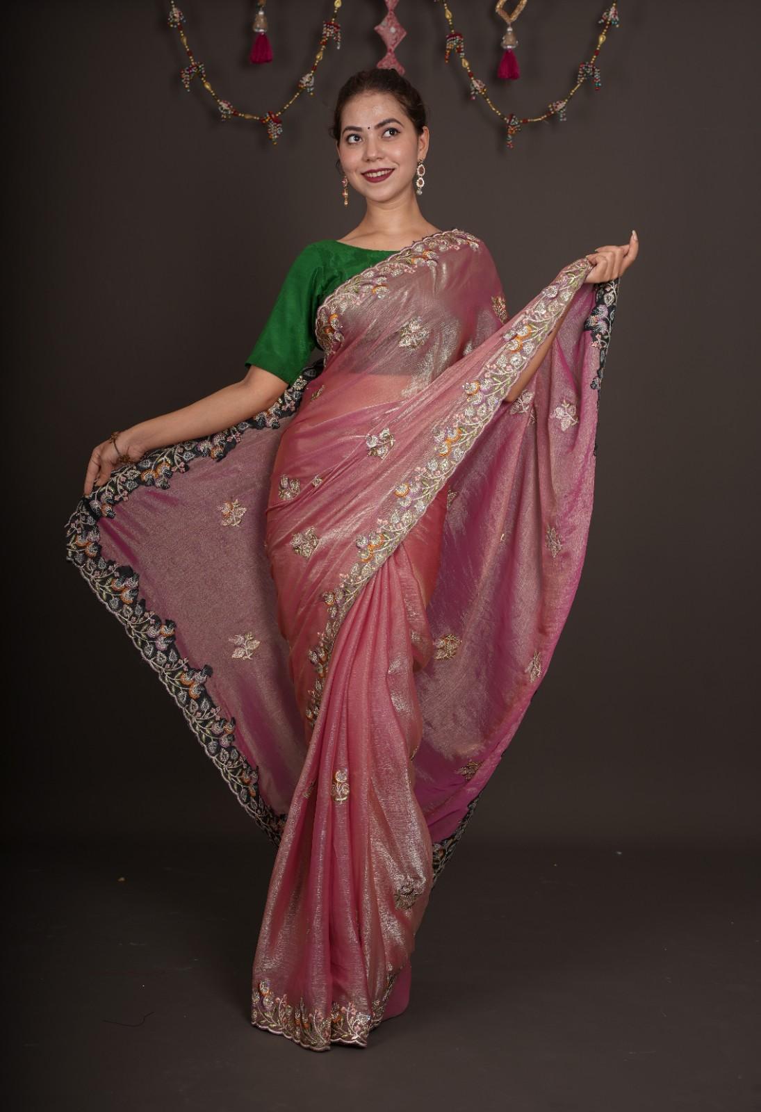 Soft Onion Pink Jimmy Choo With Gorgeous Embroidery Bordered Wrap in 1 minute saree