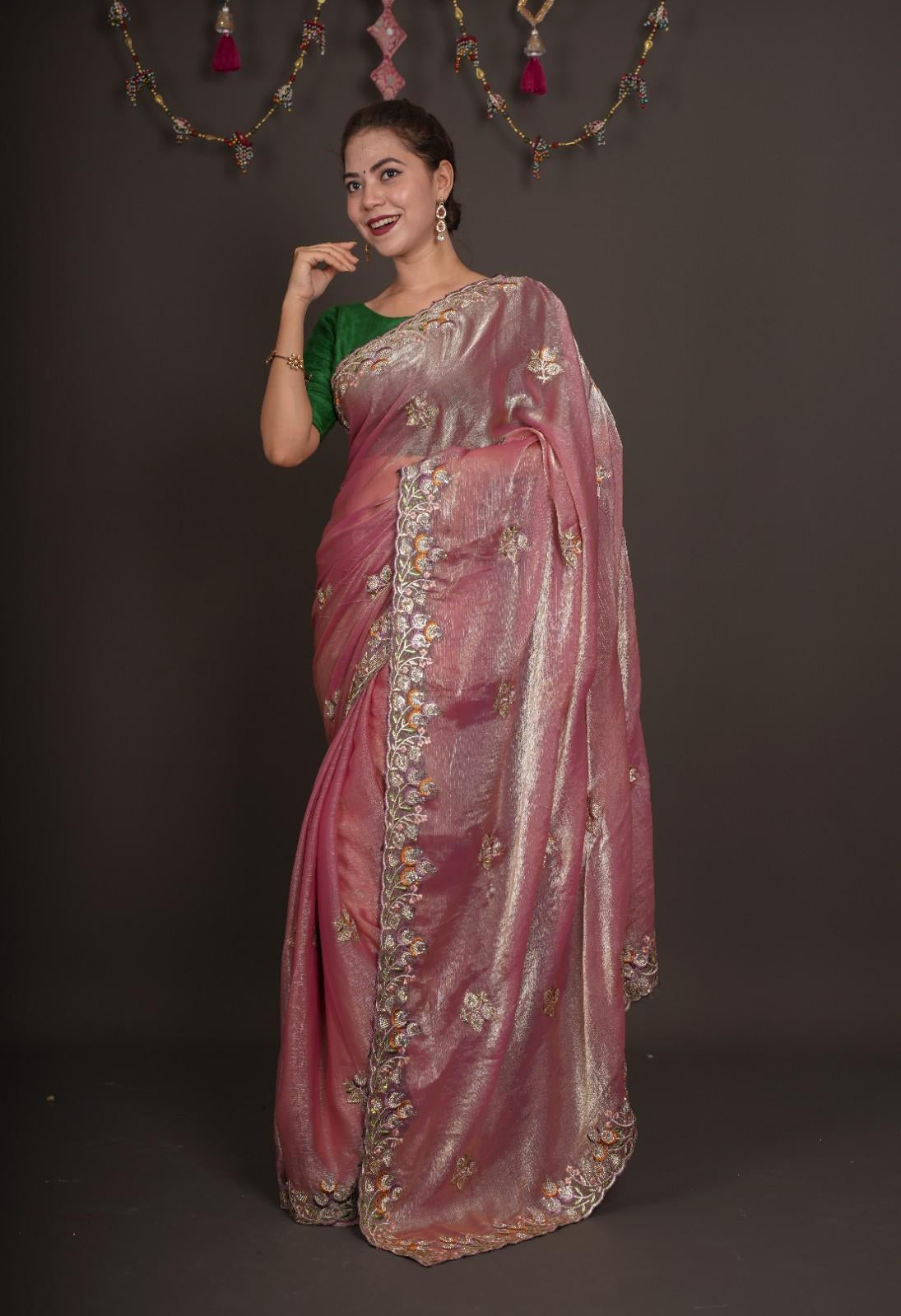 Soft Onion Pink Jimmy Choo With Gorgeous Embroidery Bordered Wrap in 1 minute saree