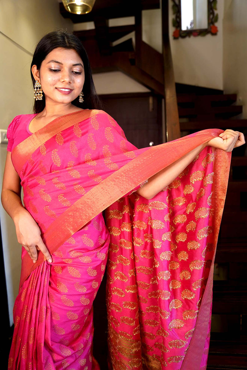 Magnificent Zari woven Pink Wrap in 1 minute Banarasi silk Saree with Readymade Blouse - Isadora Life