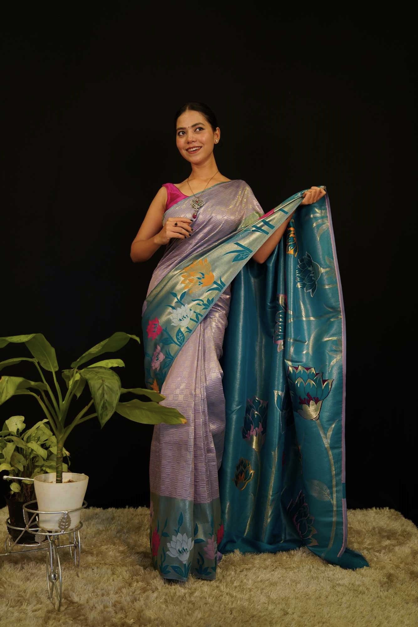 Premium Kanchipuram Lavender & Green Silk Floral Motif Woven  With Ornate Pallu Wrap in  Minute Saree.