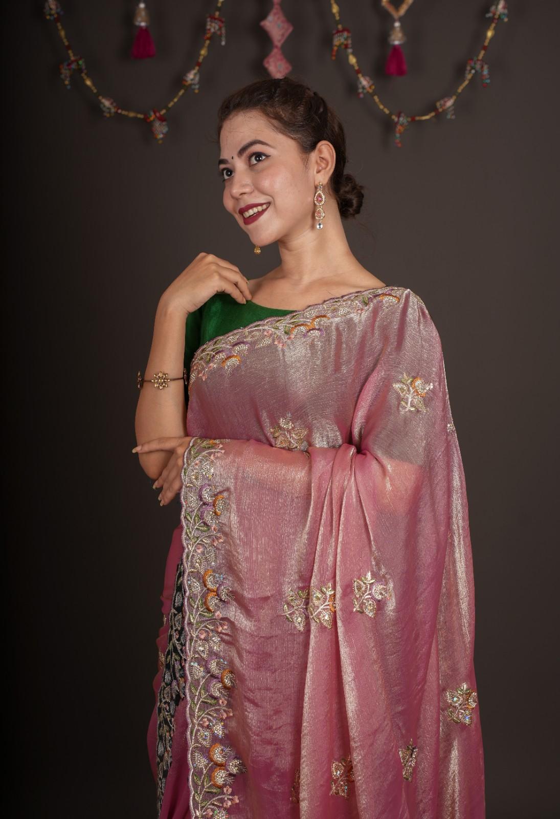 Soft Onion Pink Jimmy Choo With Gorgeous Embroidery Bordered Wrap in 1 minute saree