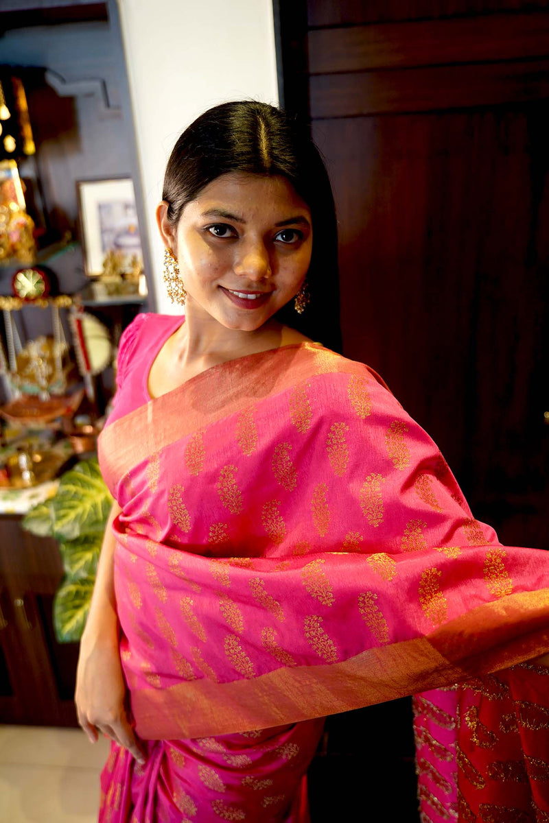 Magnificent Zari woven Pink Wrap in 1 minute Banarasi silk Saree with Readymade Blouse - Isadora Life