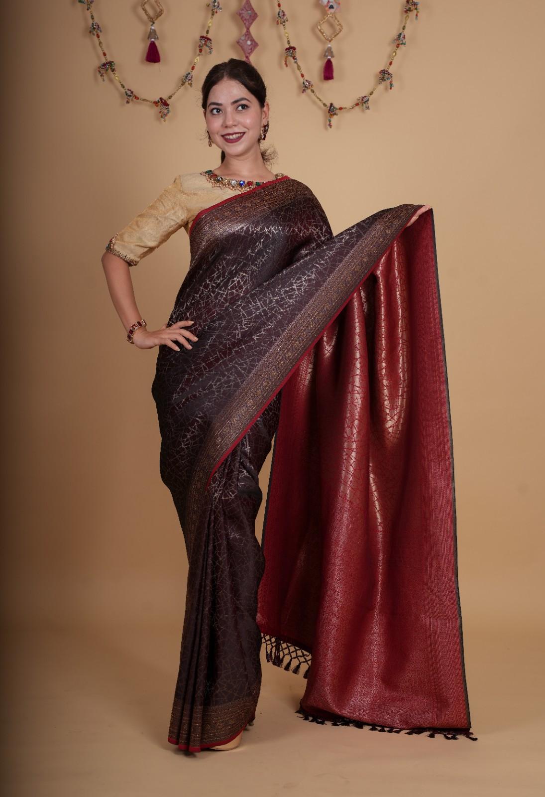 Premium Maroon Silk Overall Printed With Zari Border & Pallu Stone Embellished Wrap in 1 minute saree