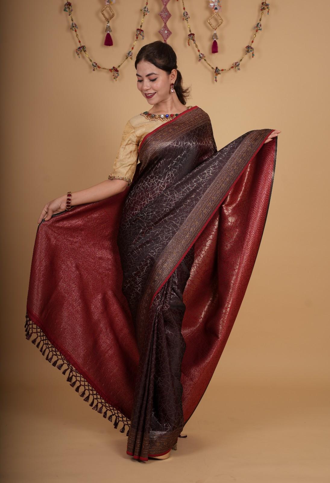 Premium Maroon Silk Overall Printed With Zari Border & Pallu Stone Embellished Wrap in 1 minute saree