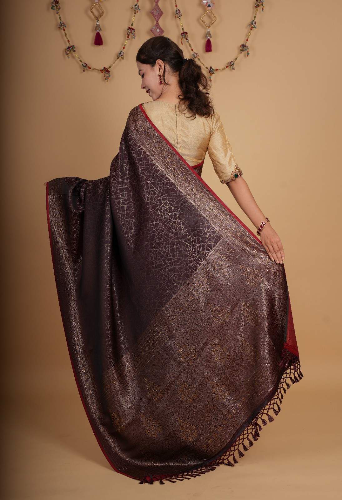 Premium Maroon Silk Overall Printed With Zari Border & Pallu Stone Embellished Wrap in 1 minute saree