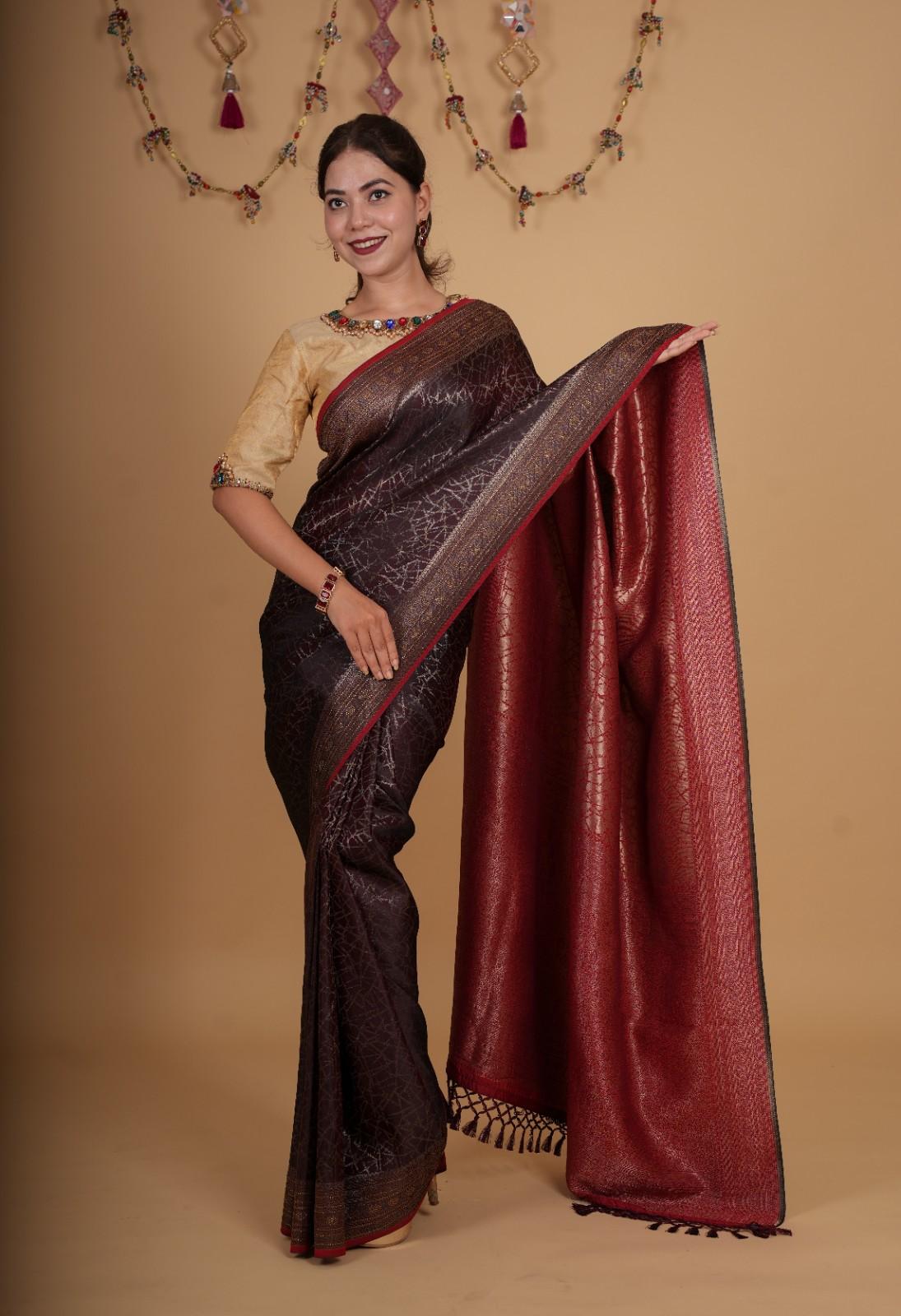 Premium Maroon Silk Overall Printed With Zari Border & Pallu Stone Embellished Wrap in 1 minute saree