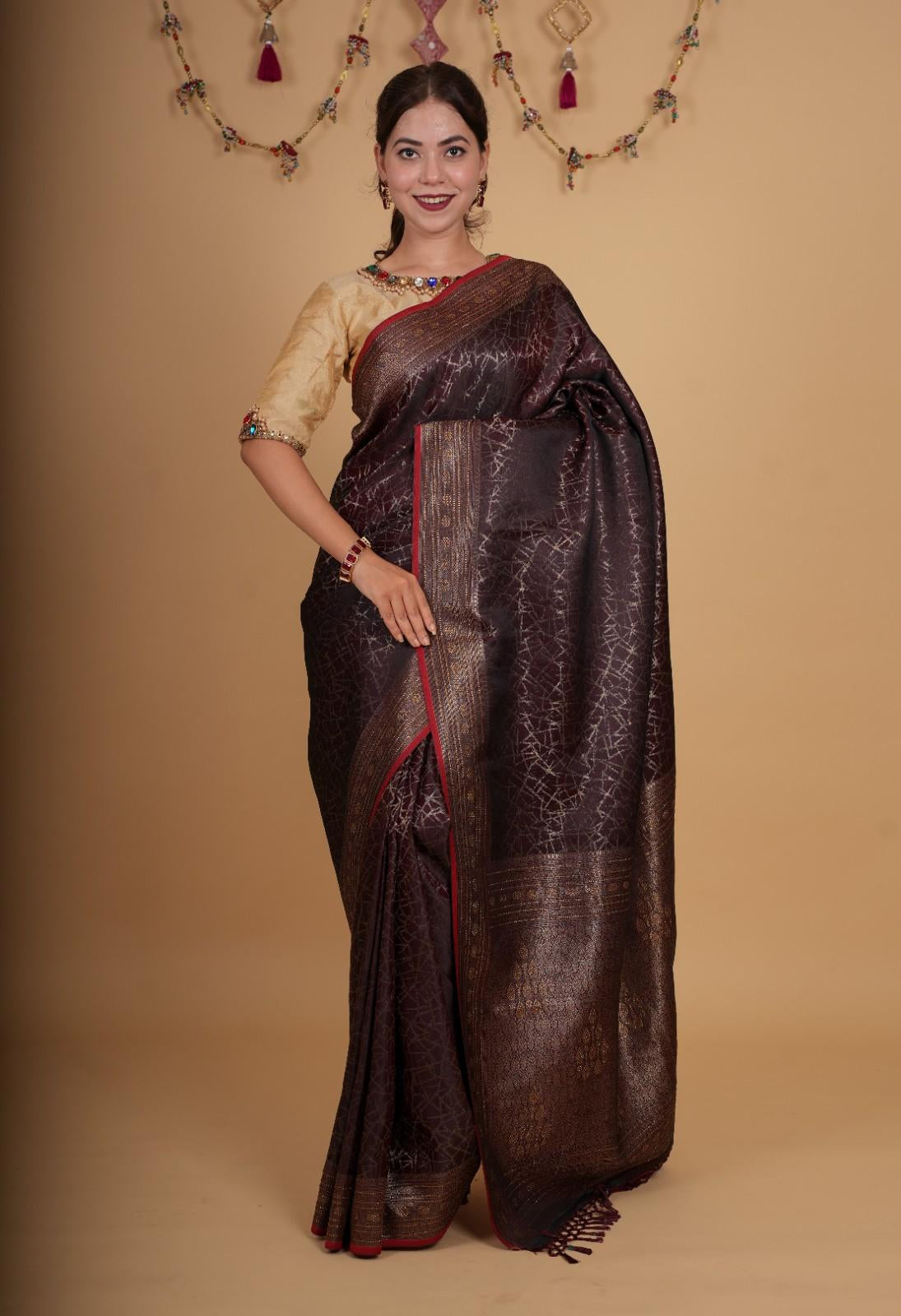 Premium Maroon Silk Overall Printed With Zari Border & Pallu Stone Embellished Wrap in 1 minute saree