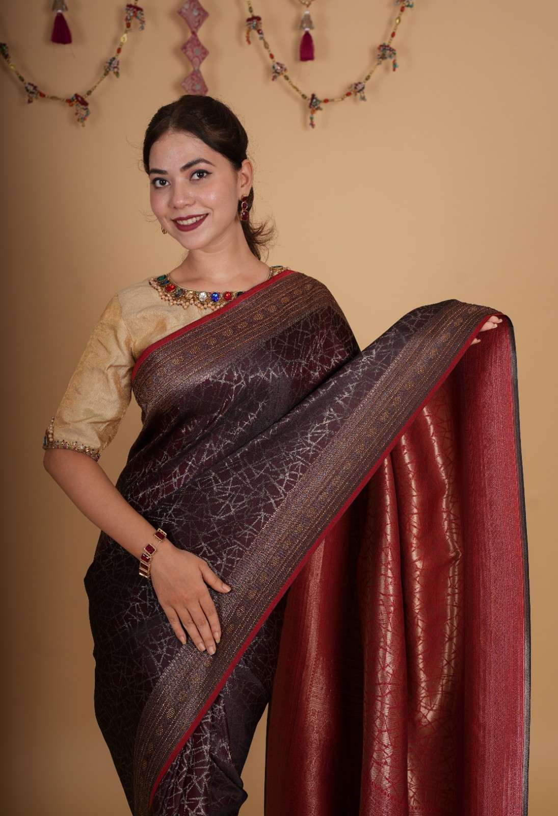 Premium Maroon Silk Overall Printed With Zari Border & Pallu Stone Embellished Wrap in 1 minute saree