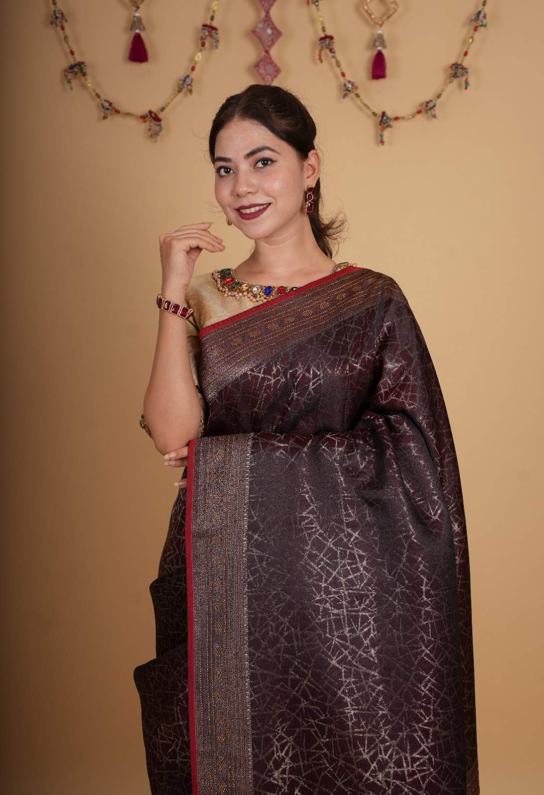 Premium Maroon Silk Overall Printed With Zari Border & Pallu Stone Embellished Wrap in 1 minute saree