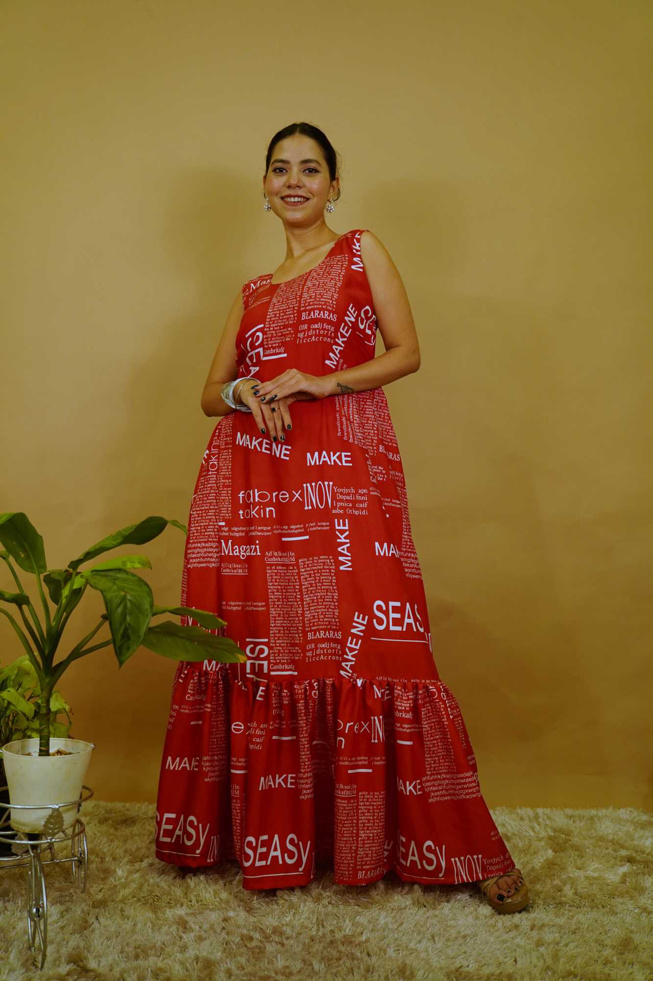 Gown Saree Styled Beautiful Red With Overall Printed Pre Drape Gown Saree