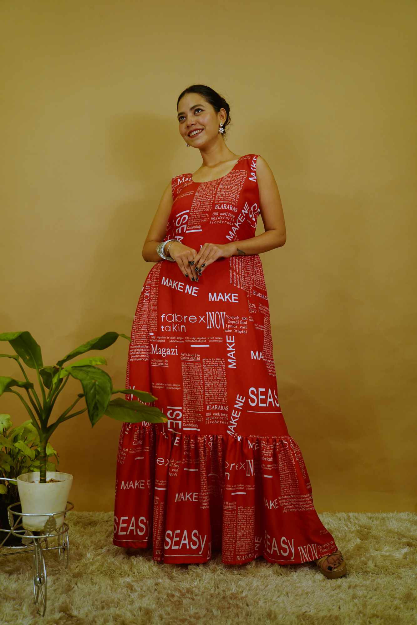 Gown Saree Styled Beautiful Red With Overall Printed Pre Drape Gown Saree