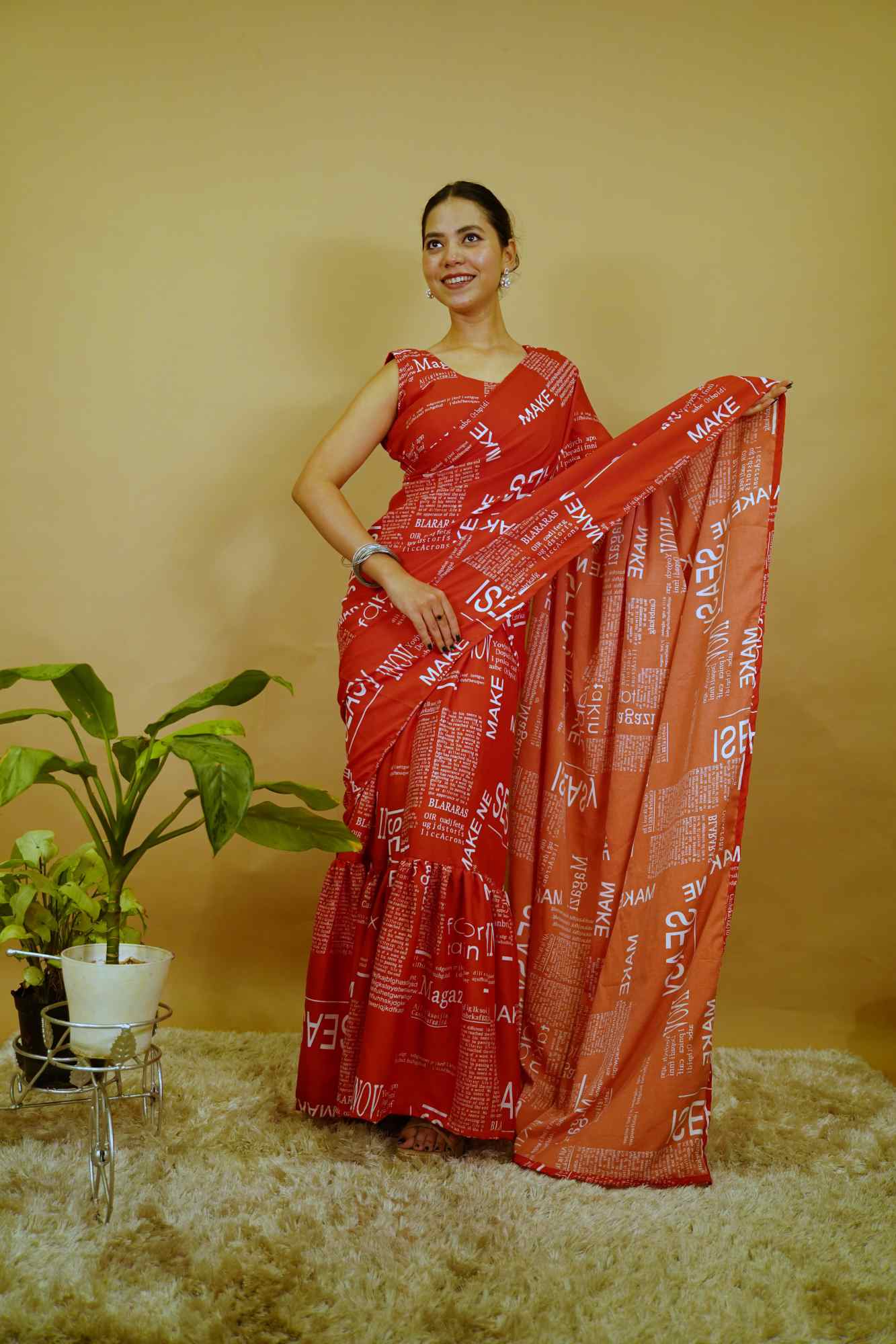 Gown Saree Styled Beautiful Red With Overall Printed Pre Drape Gown Saree