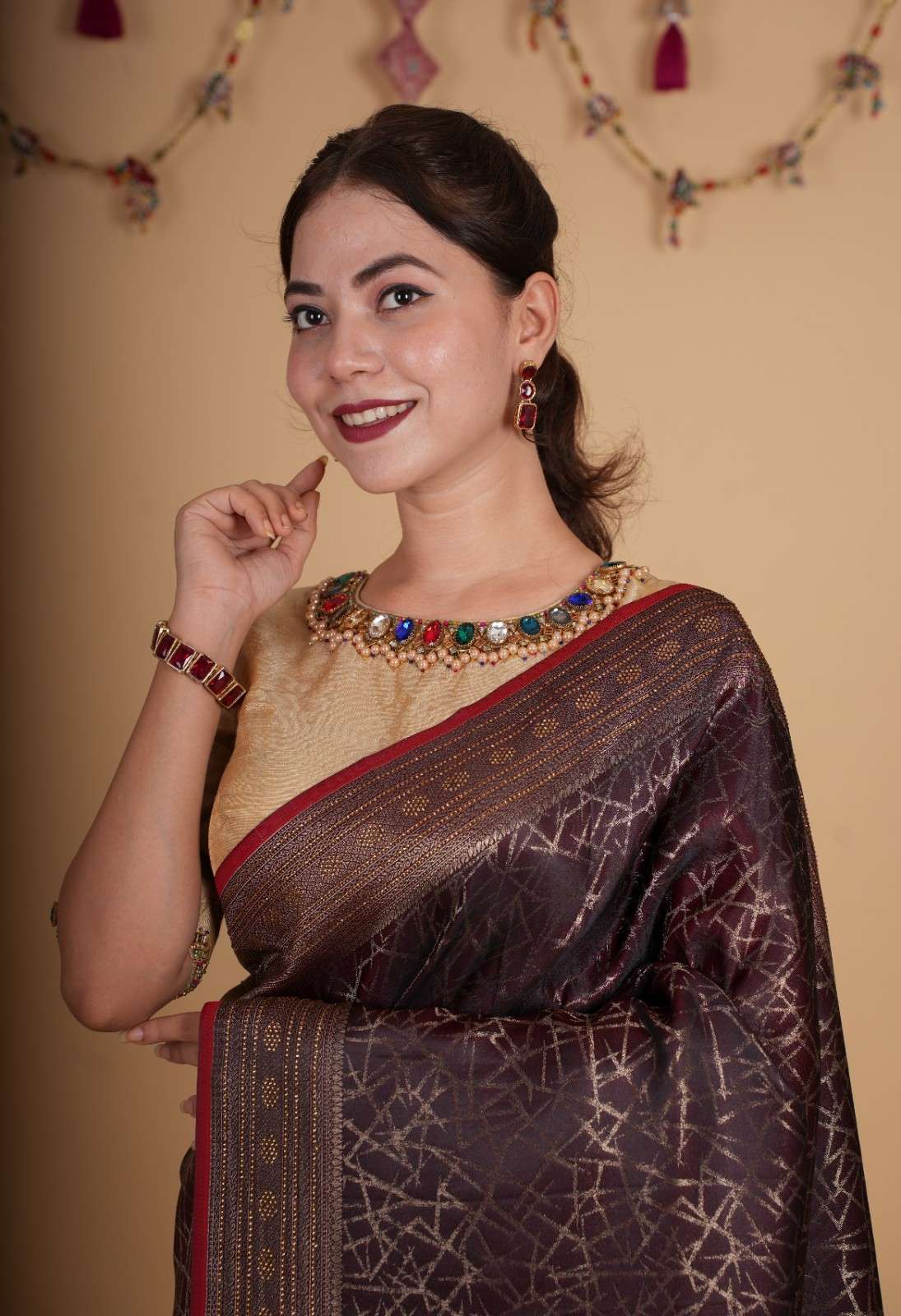 Premium Maroon Silk Overall Printed With Zari Border & Pallu Stone Embellished Wrap in 1 minute saree