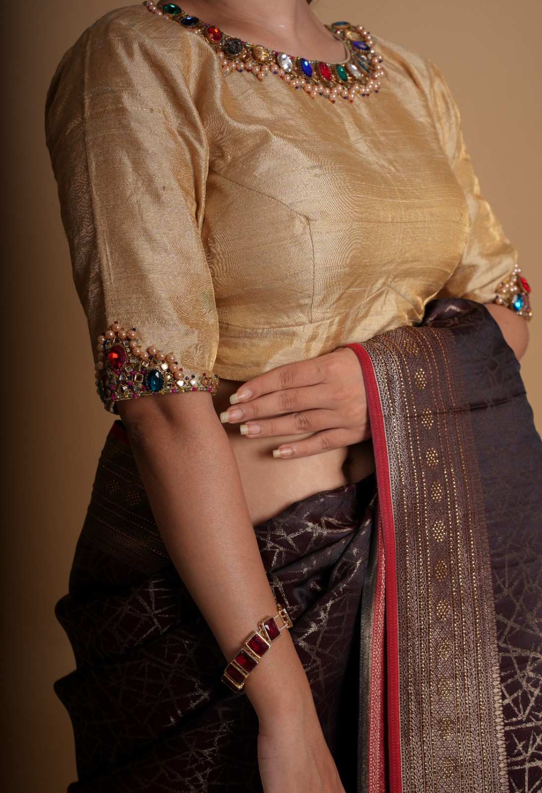 Multicolor Necklace and bajuband handwork detailing on Sandal Pure Tissue Raw Silk Blouse