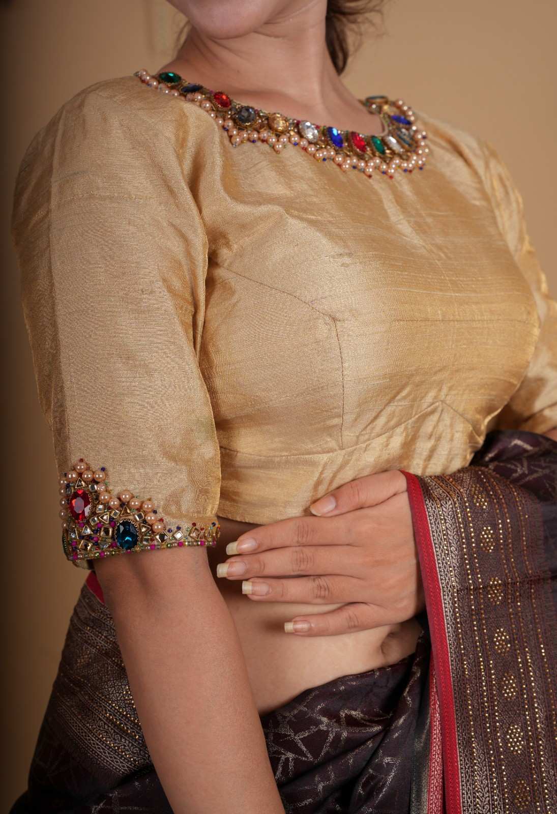 Multicolor Necklace and bajuband handwork detailing on Sandal Pure Tissue Raw Silk Blouse