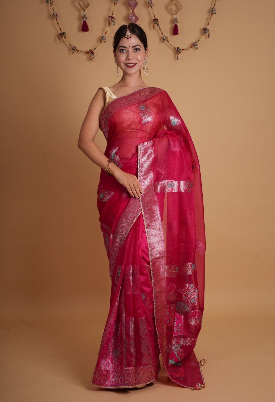 Exquisite Rani Pink With Detailed Zari Embroidery & Cut Daana Work Wrap in 1 minute saree