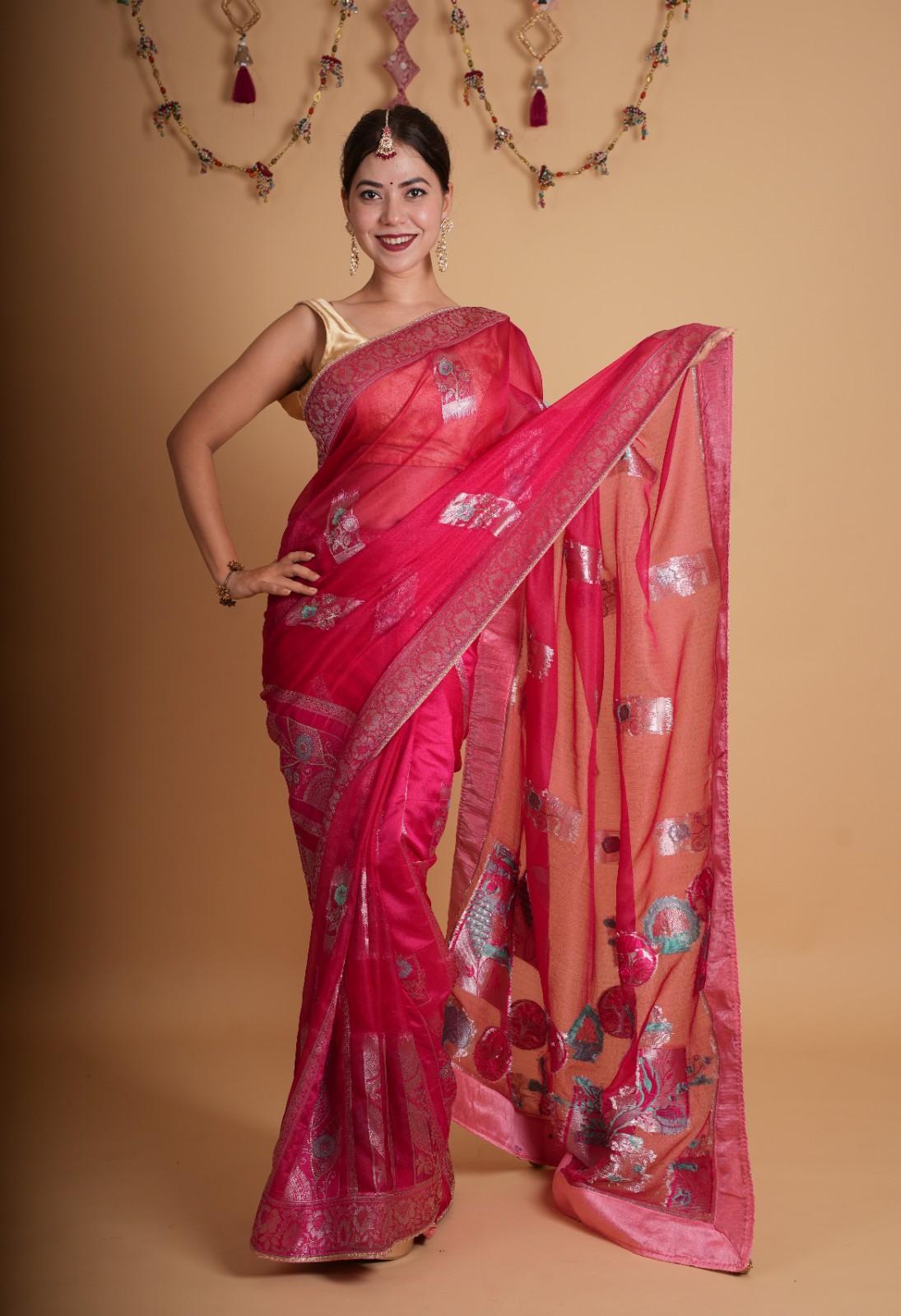 Exquisite Rani Pink With Detailed Zari Embroidery & Cut Daana Work Wrap in 1 minute saree