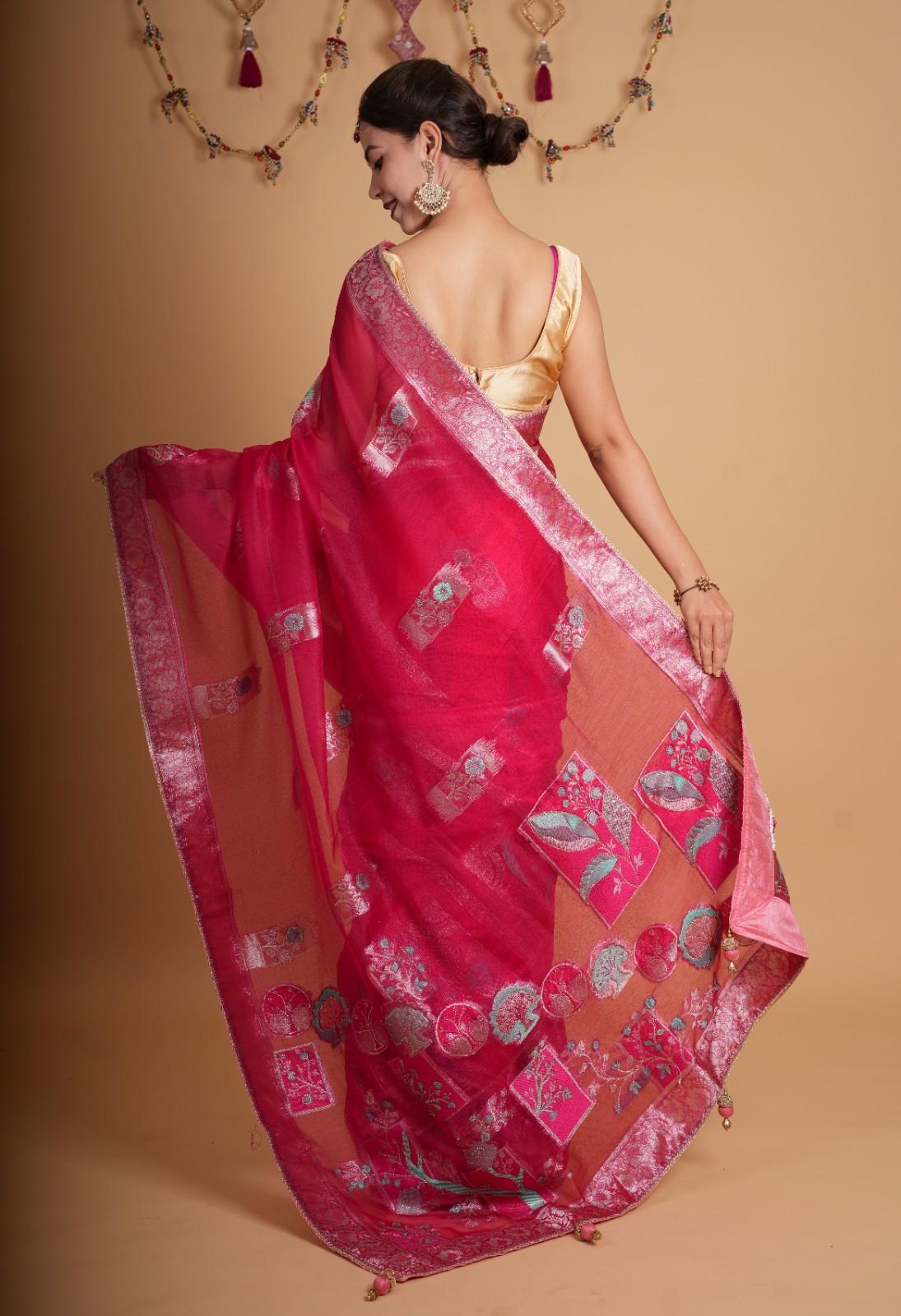 Exquisite Rani Pink With Detailed Zari Embroidery & Cut Daana Work Wrap in 1 minute saree