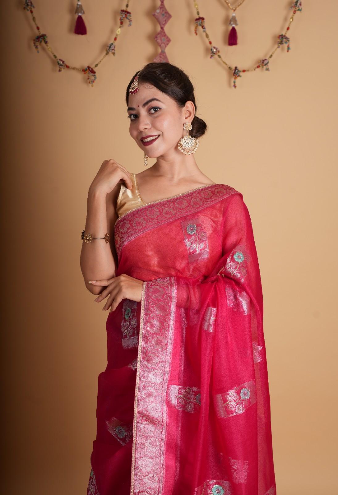 Exquisite Rani Pink With Detailed Zari Embroidery & Cut Daana Work Wrap in 1 minute saree