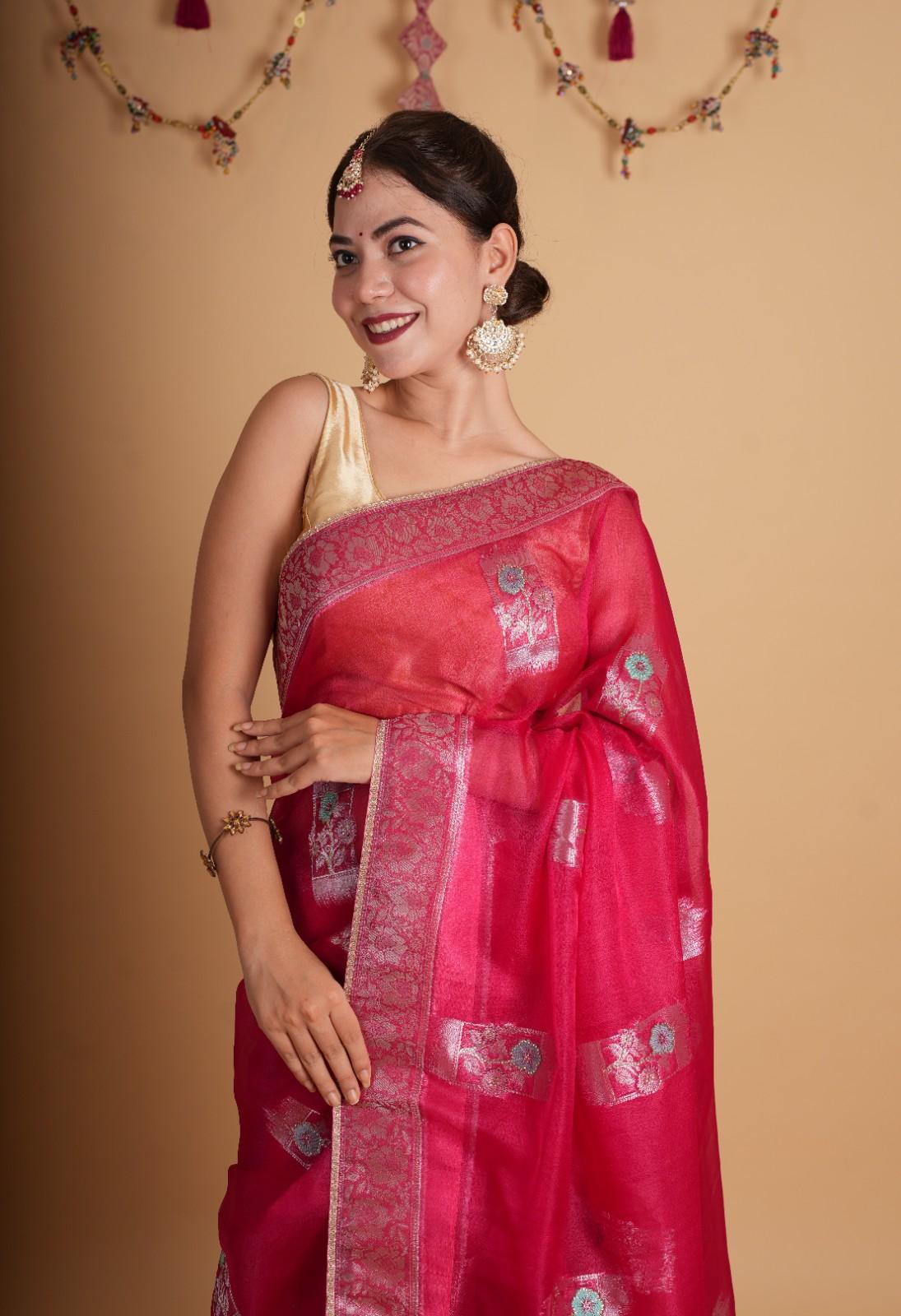 Exquisite Rani Pink With Detailed Zari Embroidery & Cut Daana Work Wrap in 1 minute saree