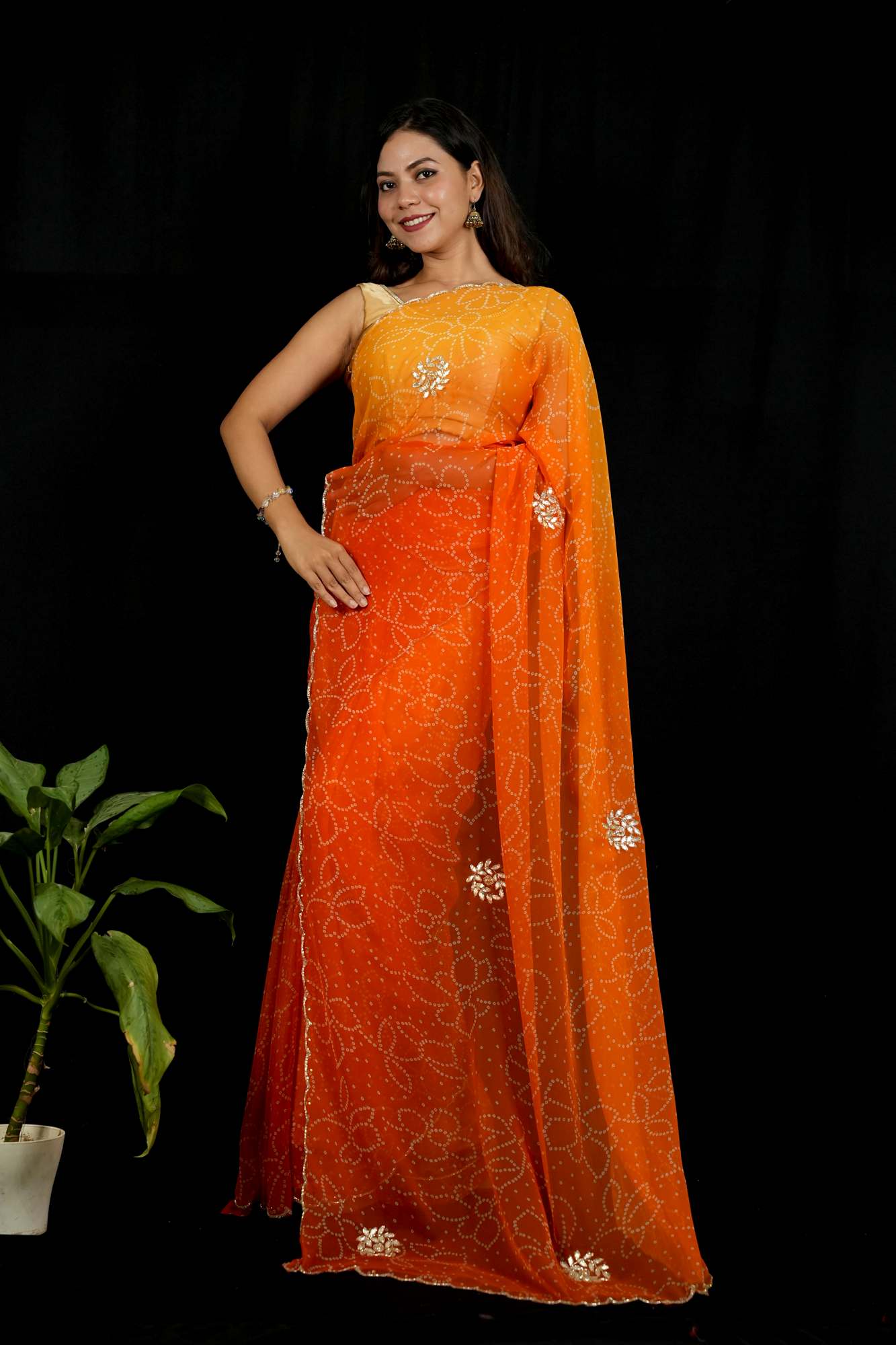 Gota Patti Bandhej Prestitched Saree