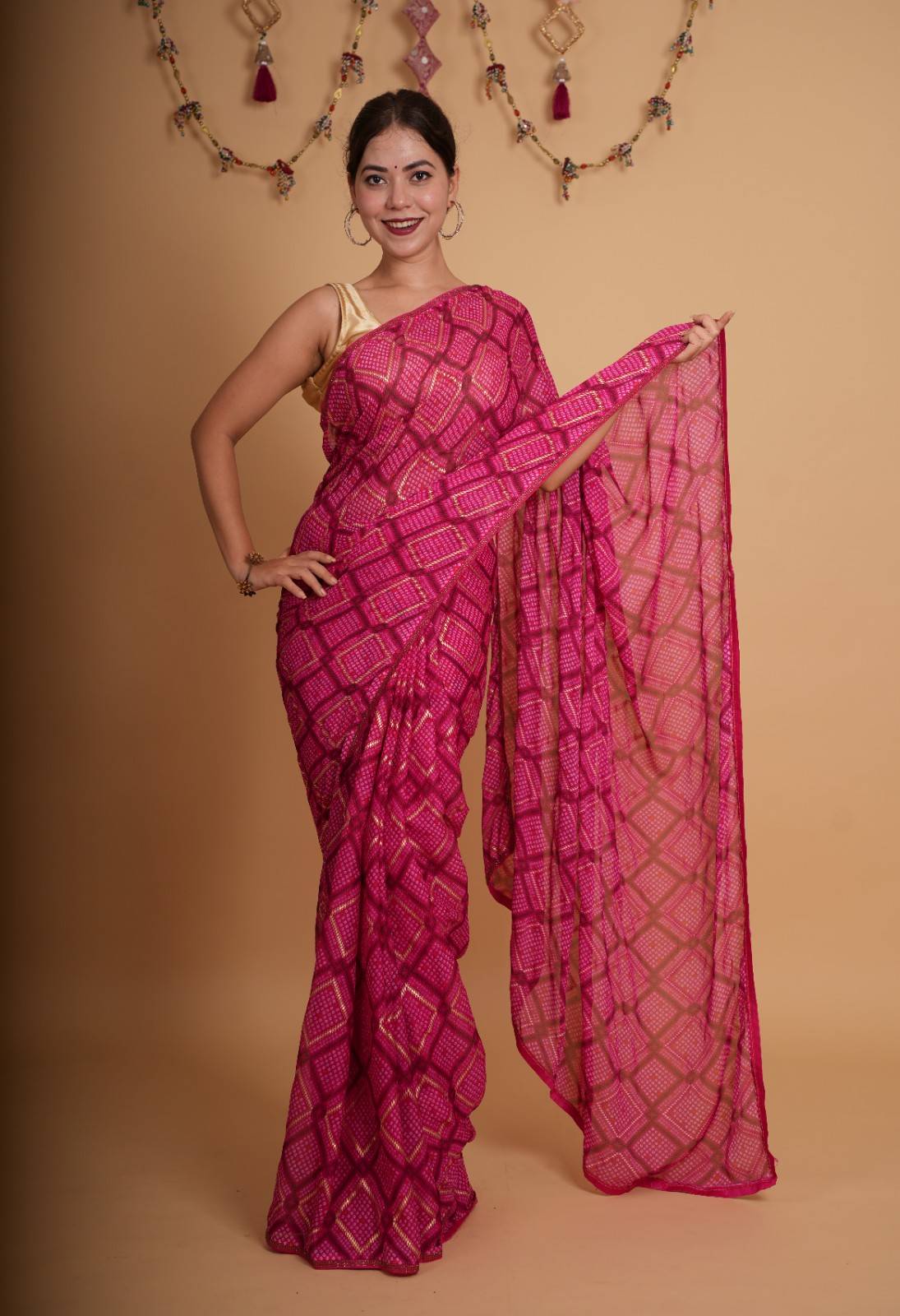 Beautiful Rani Pink Overall Floral With Stone  Embellished Border Wrap In One Minute Saree