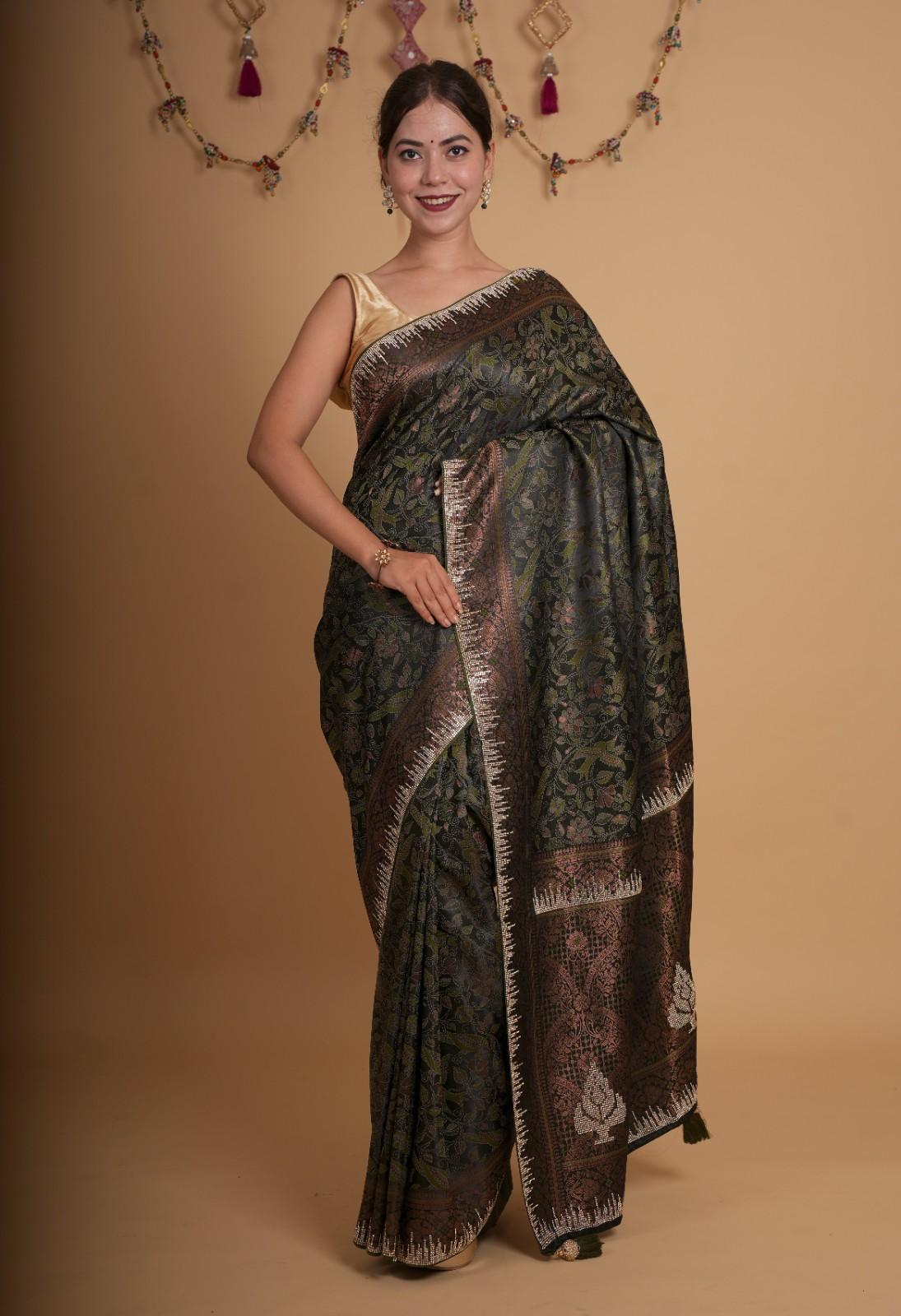 Bottle Green handloom satin silk With Contrast Border & Detail Stone sequin Embellished Ready To Wear Saree