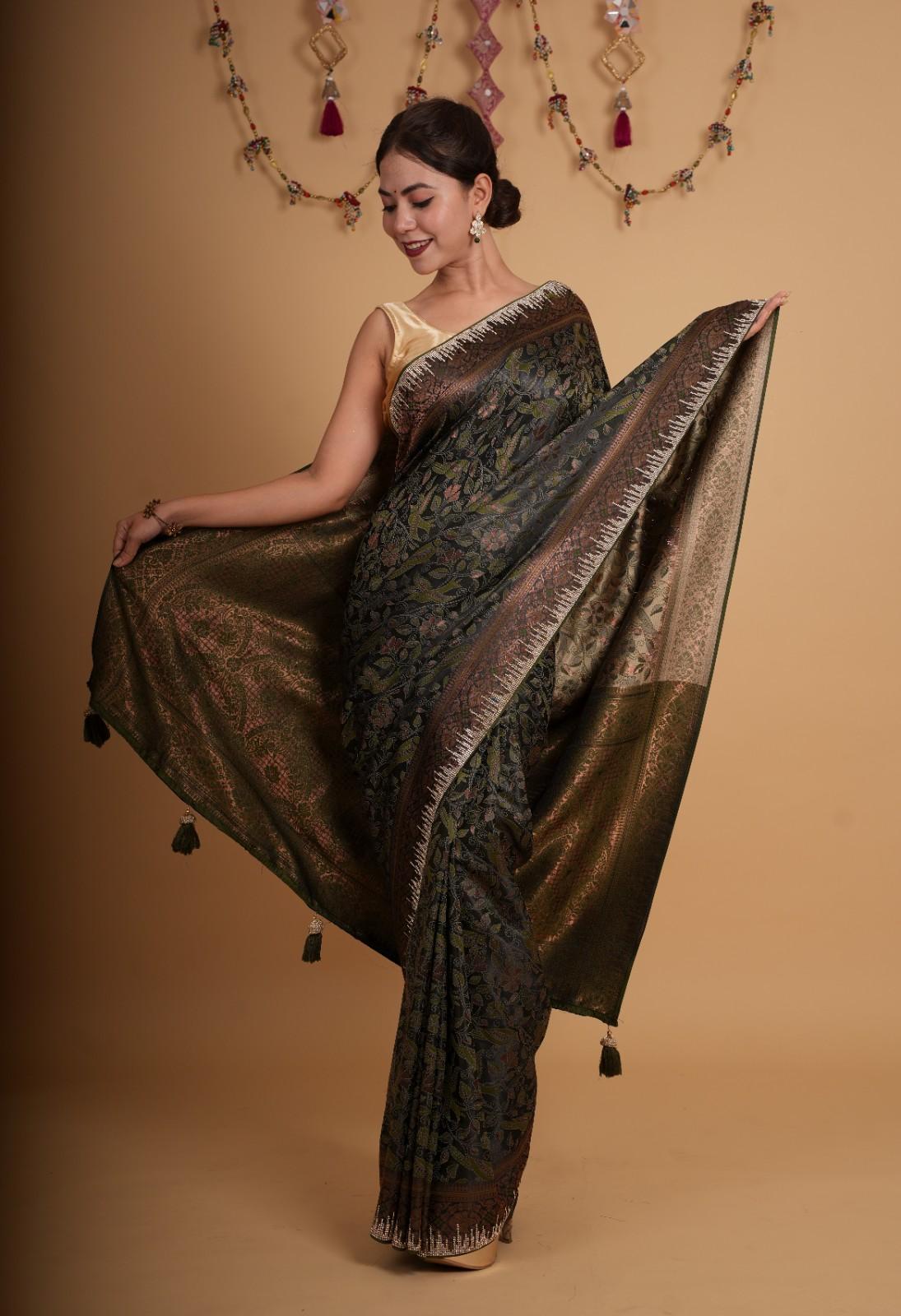 Bottle Green handloom satin silk With Contrast Border & Detail Stone sequin Embellished Ready To Wear Saree