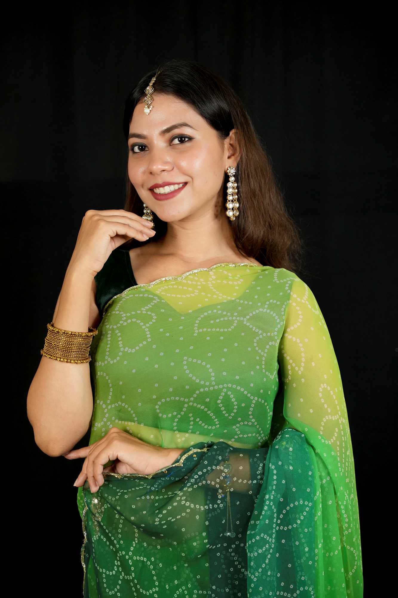 Green Tone Cut Dana work Chiffon Bandhej Ready To Wear Saree