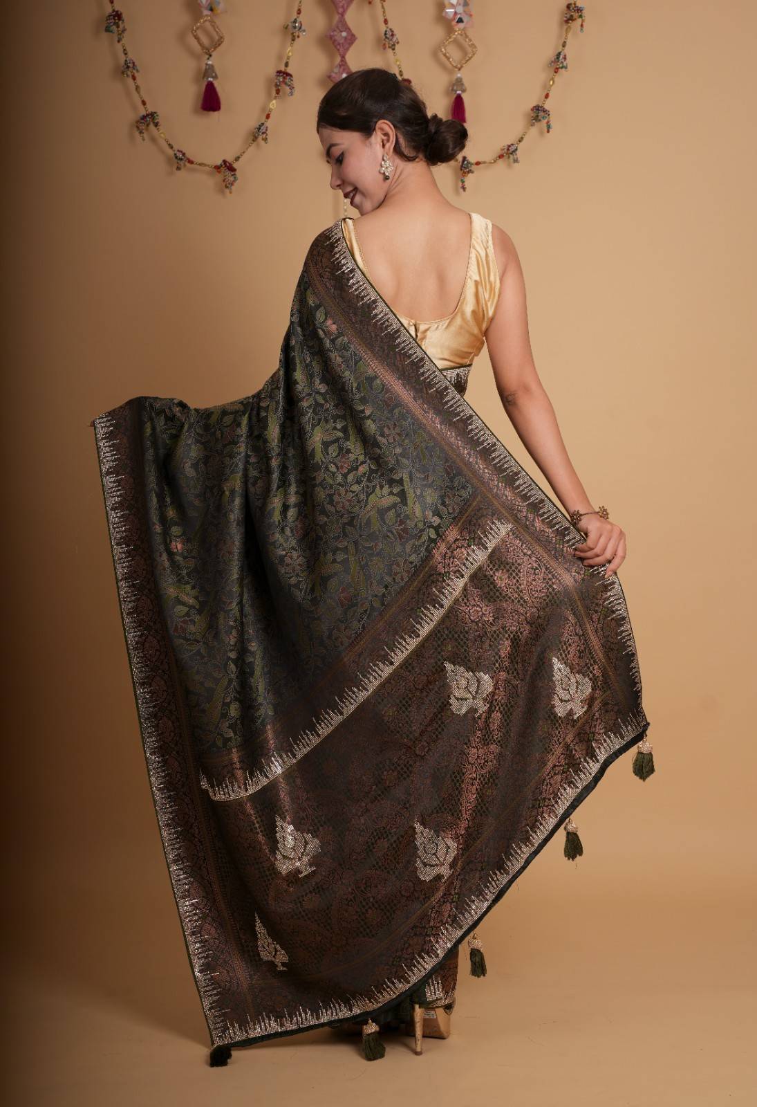 Bottle Green handloom satin silk With Contrast Border & Detail Stone sequin Embellished Ready To Wear Saree