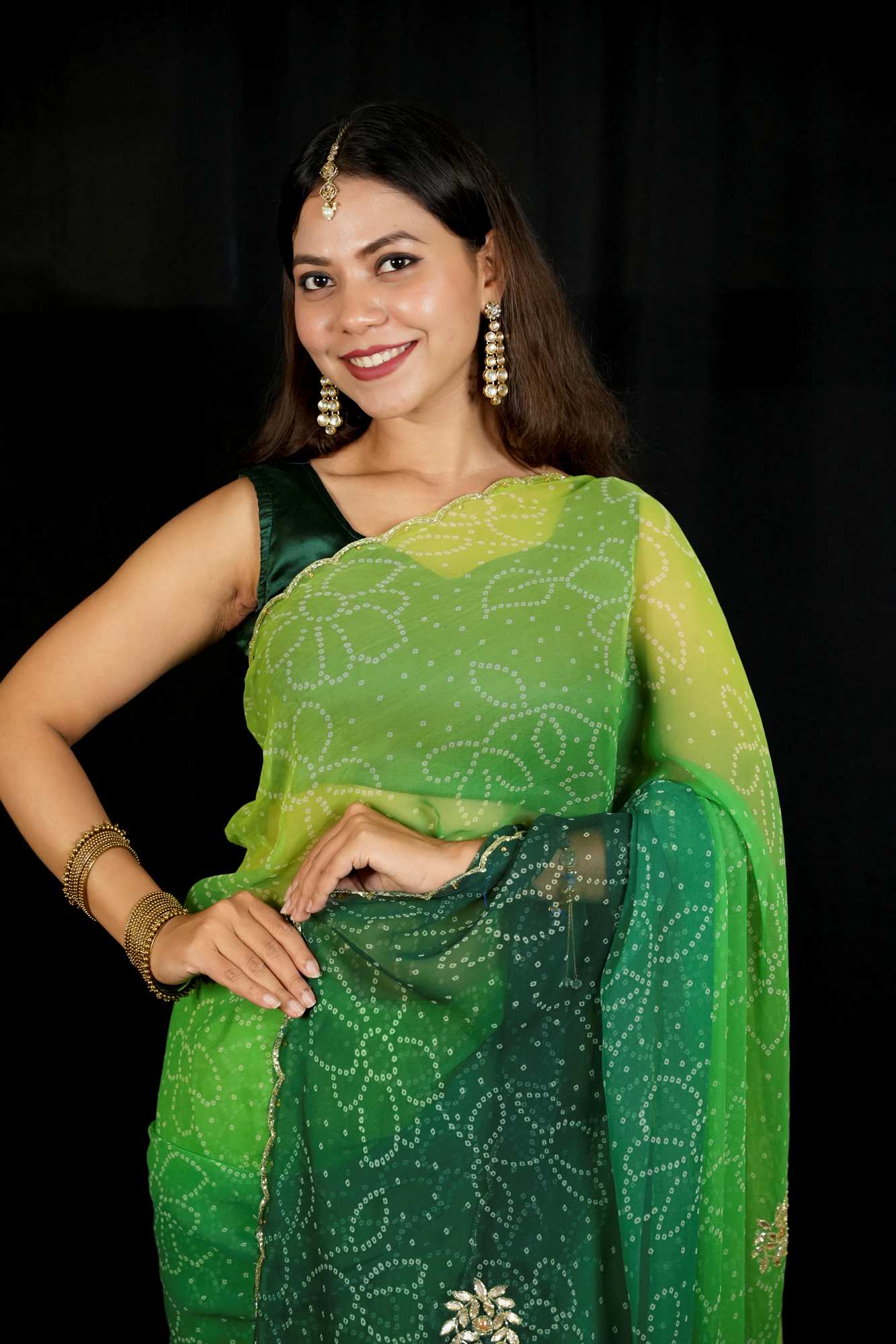 Green Tone Cut Dana work Chiffon Bandhej Ready To Wear Saree