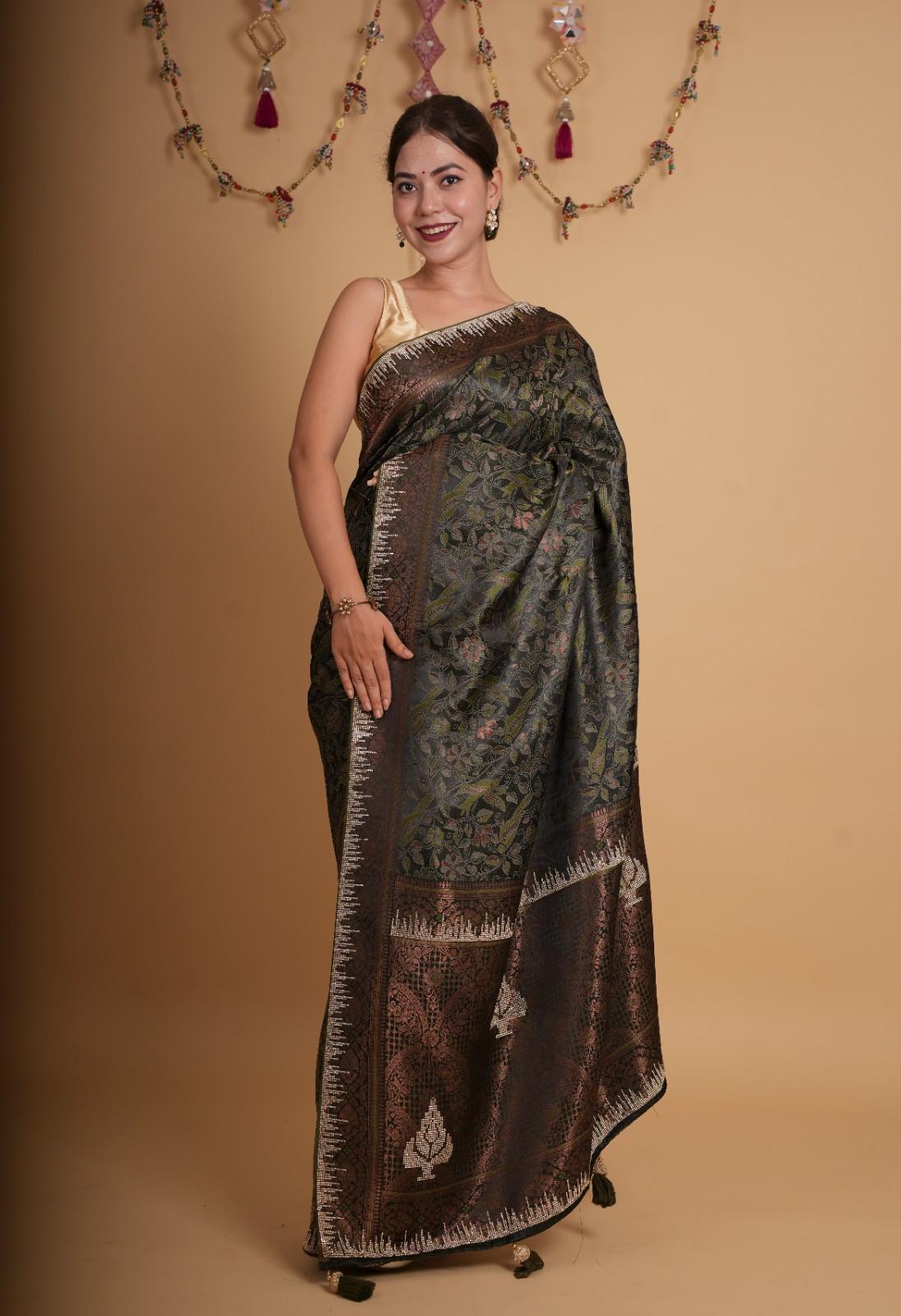 Bottle Green handloom satin silk With Contrast Border & Detail Stone sequin Embellished Ready To Wear Saree