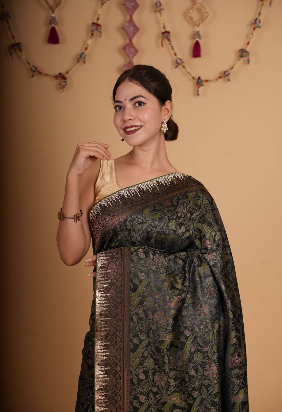 Bottle Green handloom satin silk With Contrast Border & Detail Stone sequin Embellished Ready To Wear Saree