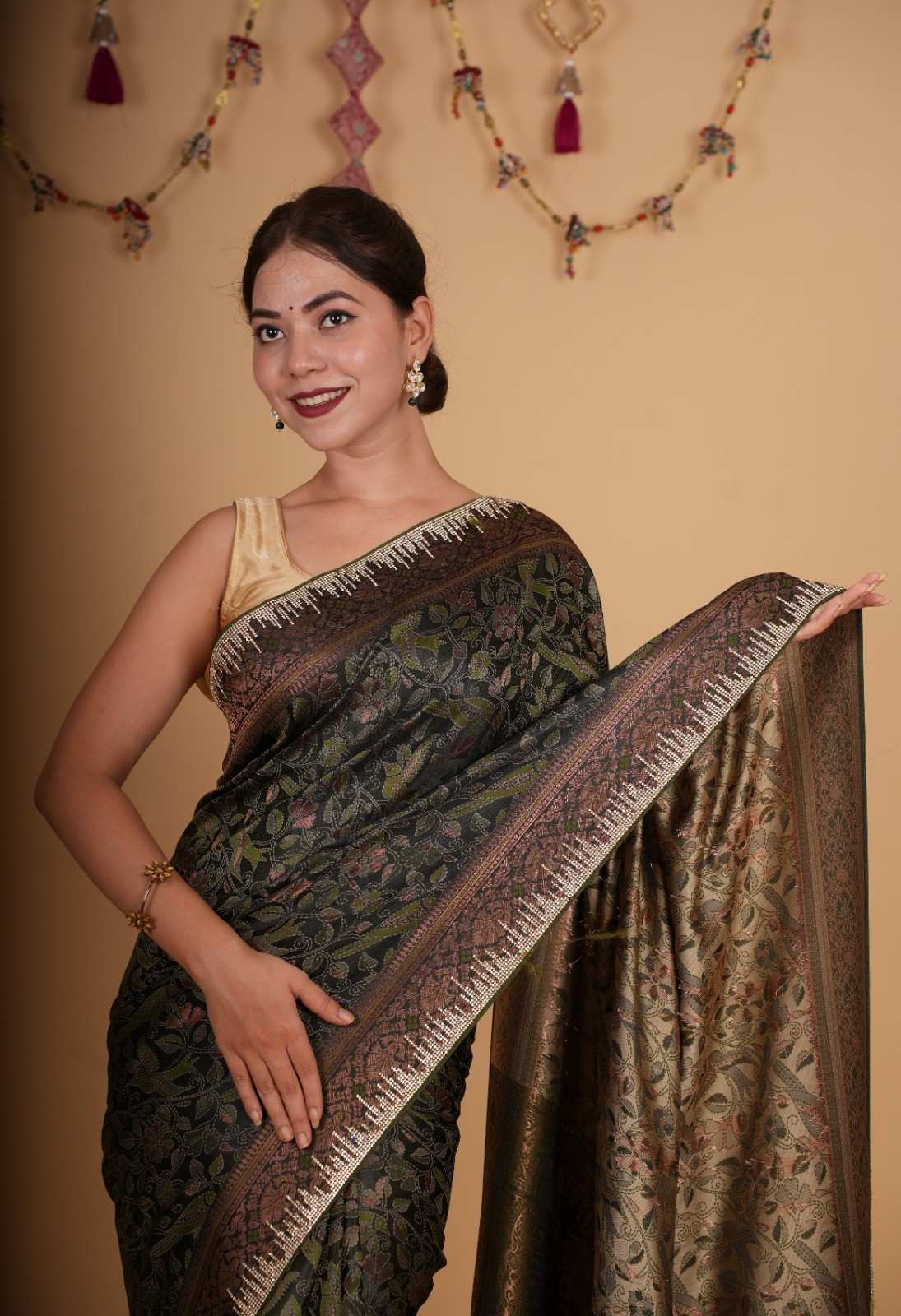 Bottle Green handloom satin silk With Contrast Border & Detail Stone sequin Embellished Ready To Wear Saree