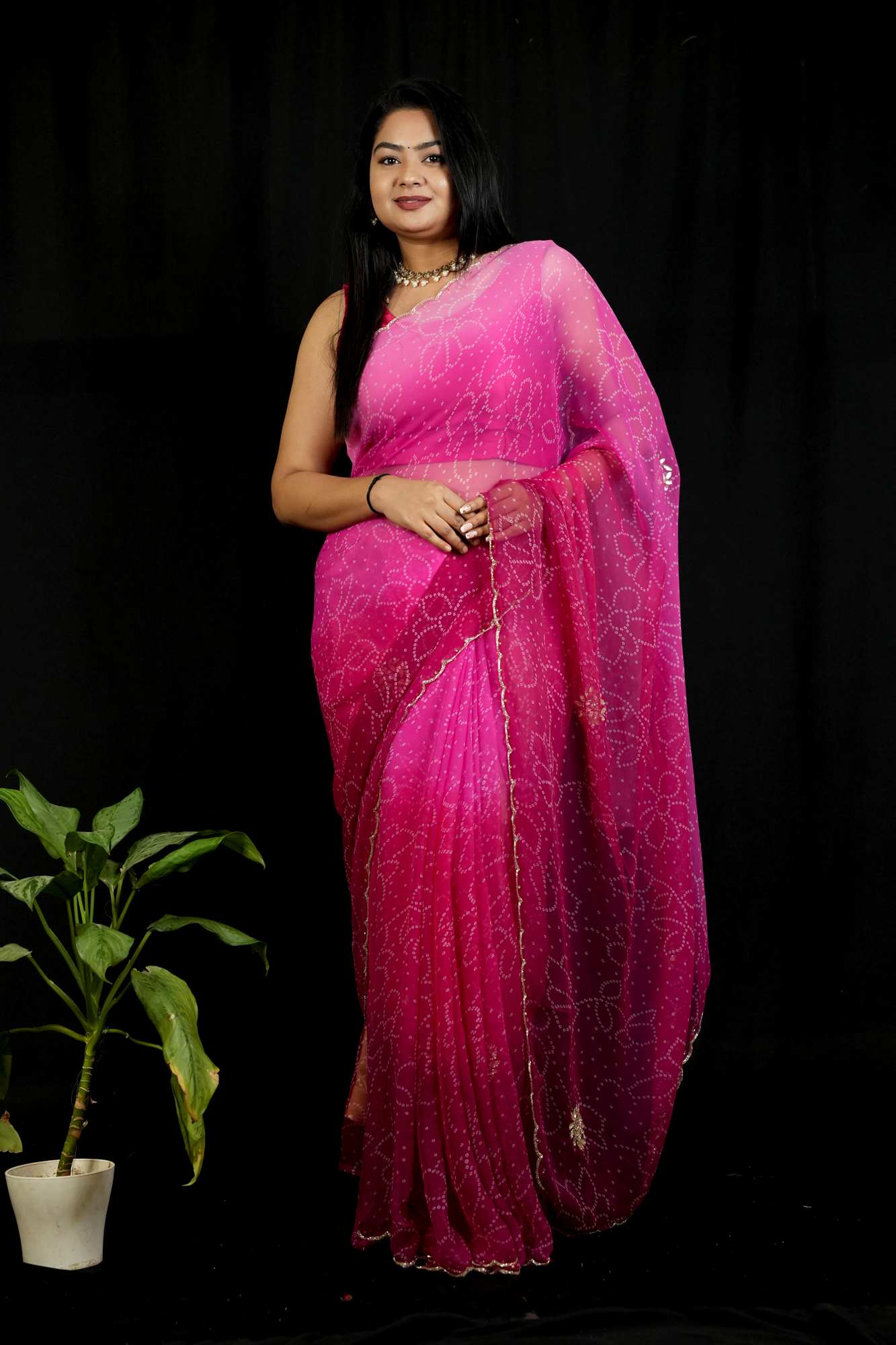 Cut Dana work Chiffon Bandhej Ready To Wear Saree