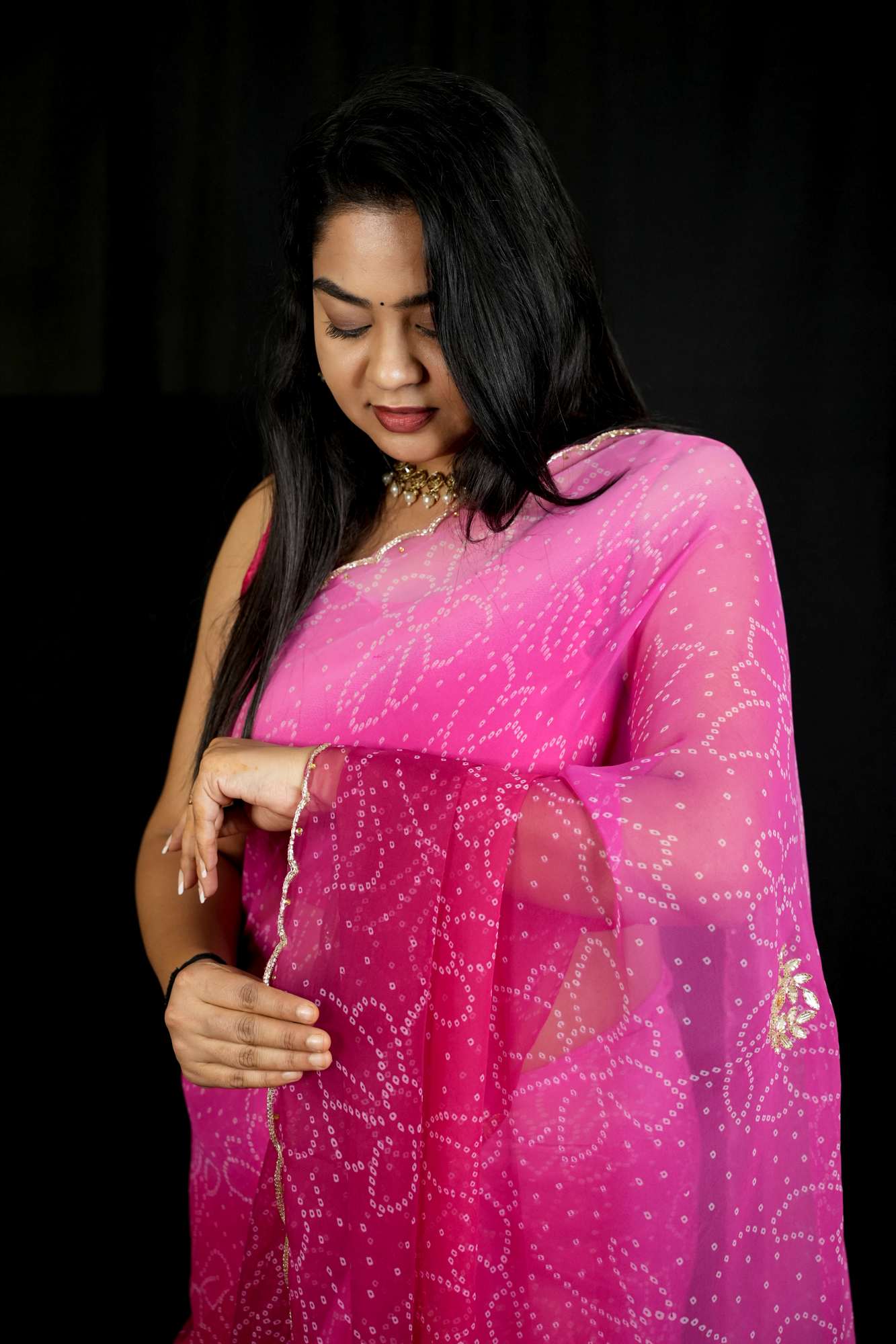 Cut Dana work Chiffon Bandhej Ready To Wear Saree