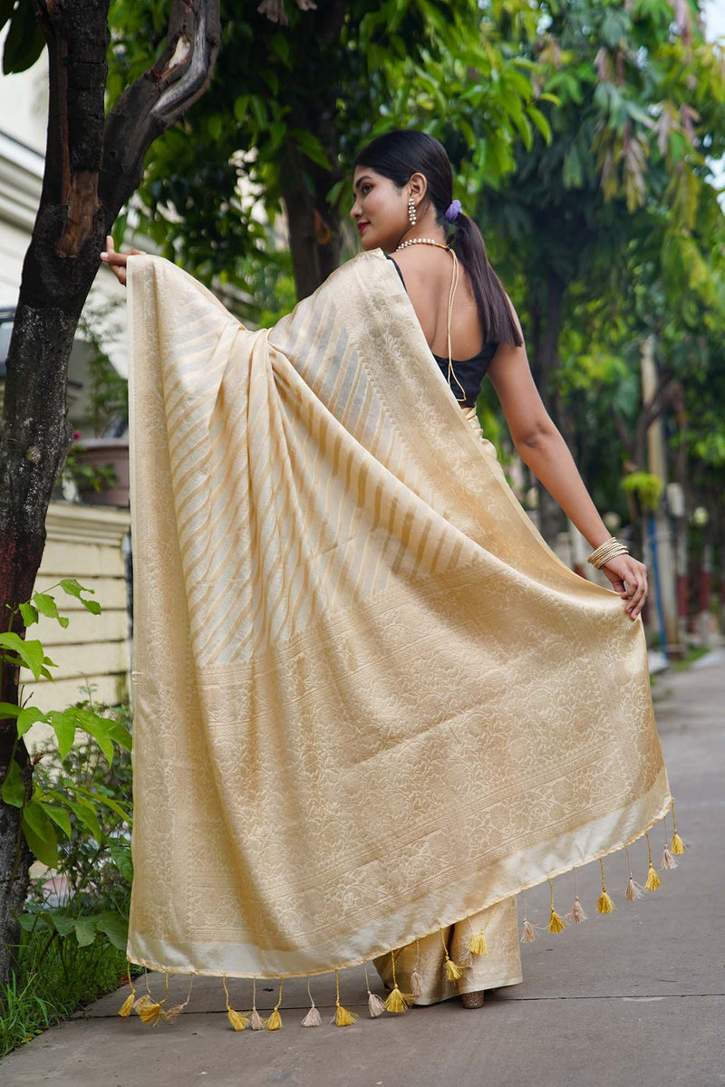 Ready to wear Rich Gold Beige Banarasi with tassels in ornate pallu Wrap in 1 minute saree - Isadora Life