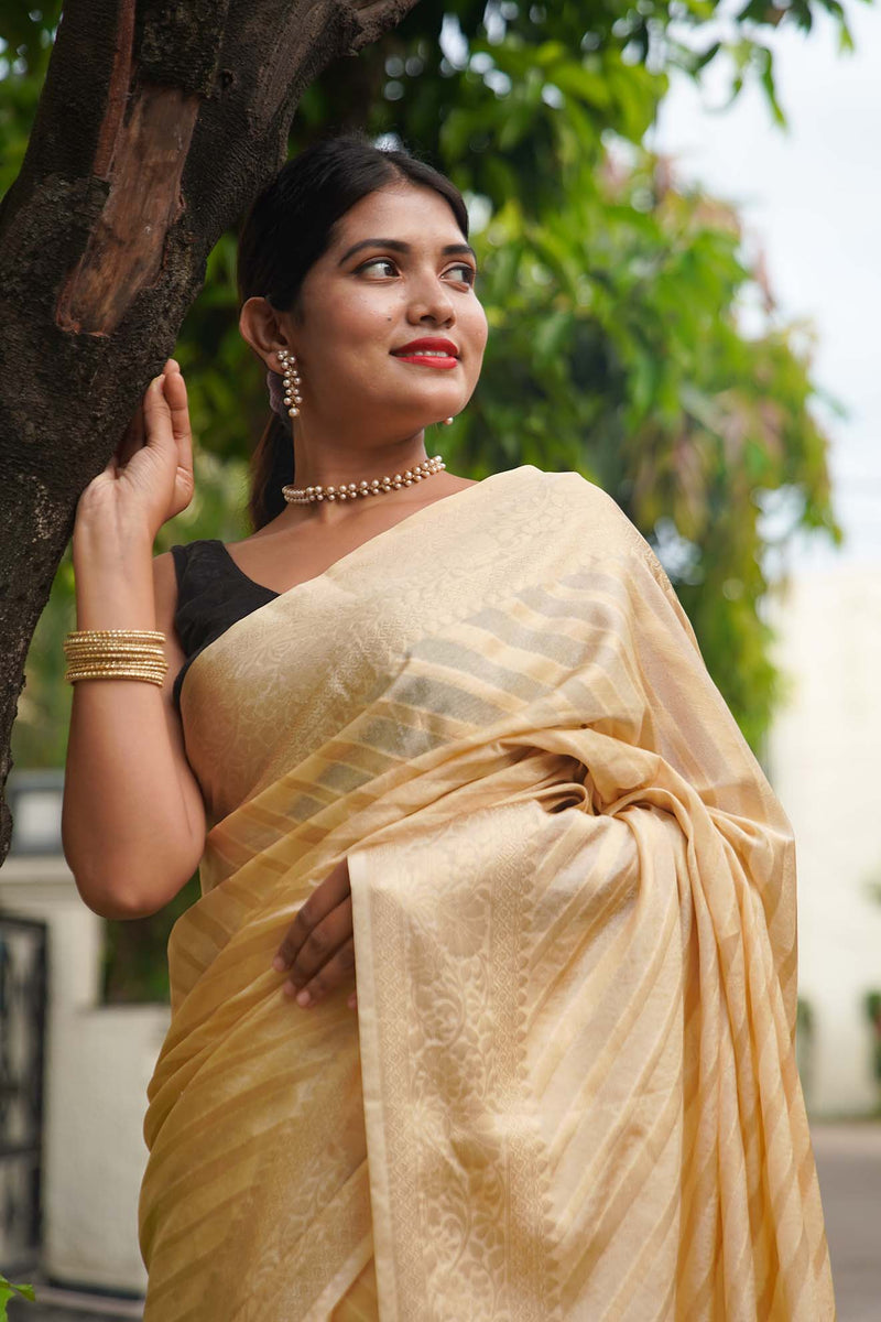 Ready to wear Rich Gold Beige Banarasi with tassels in ornate pallu Wrap in 1 minute saree - Isadora Life