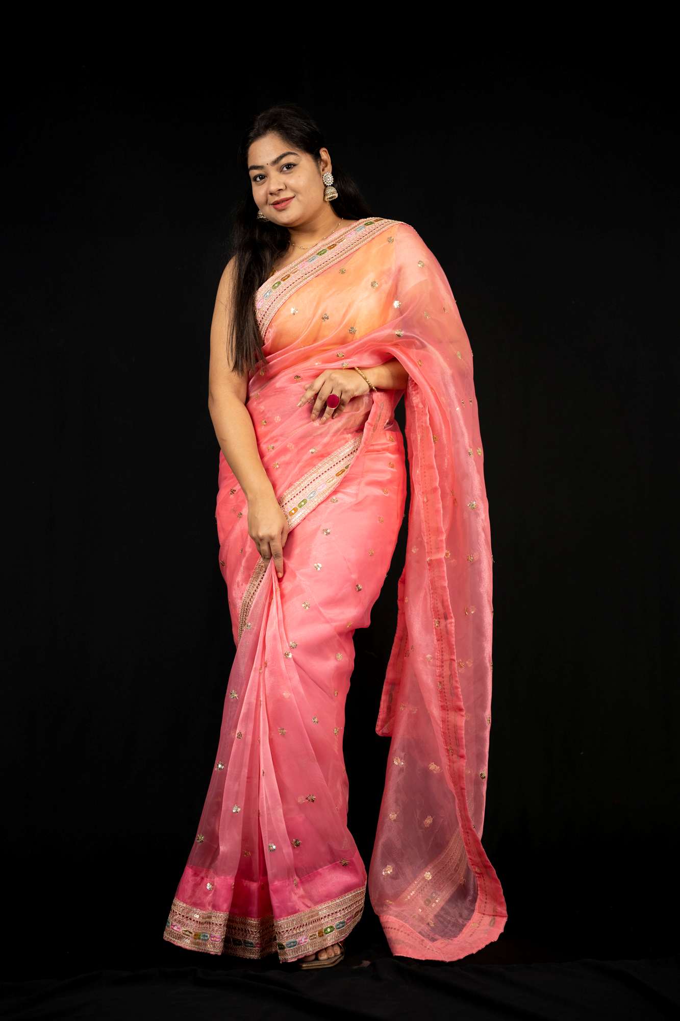 Rose Pink Tissue Silk with Intricate Mirror Embellished Border Ready To Wear Saree