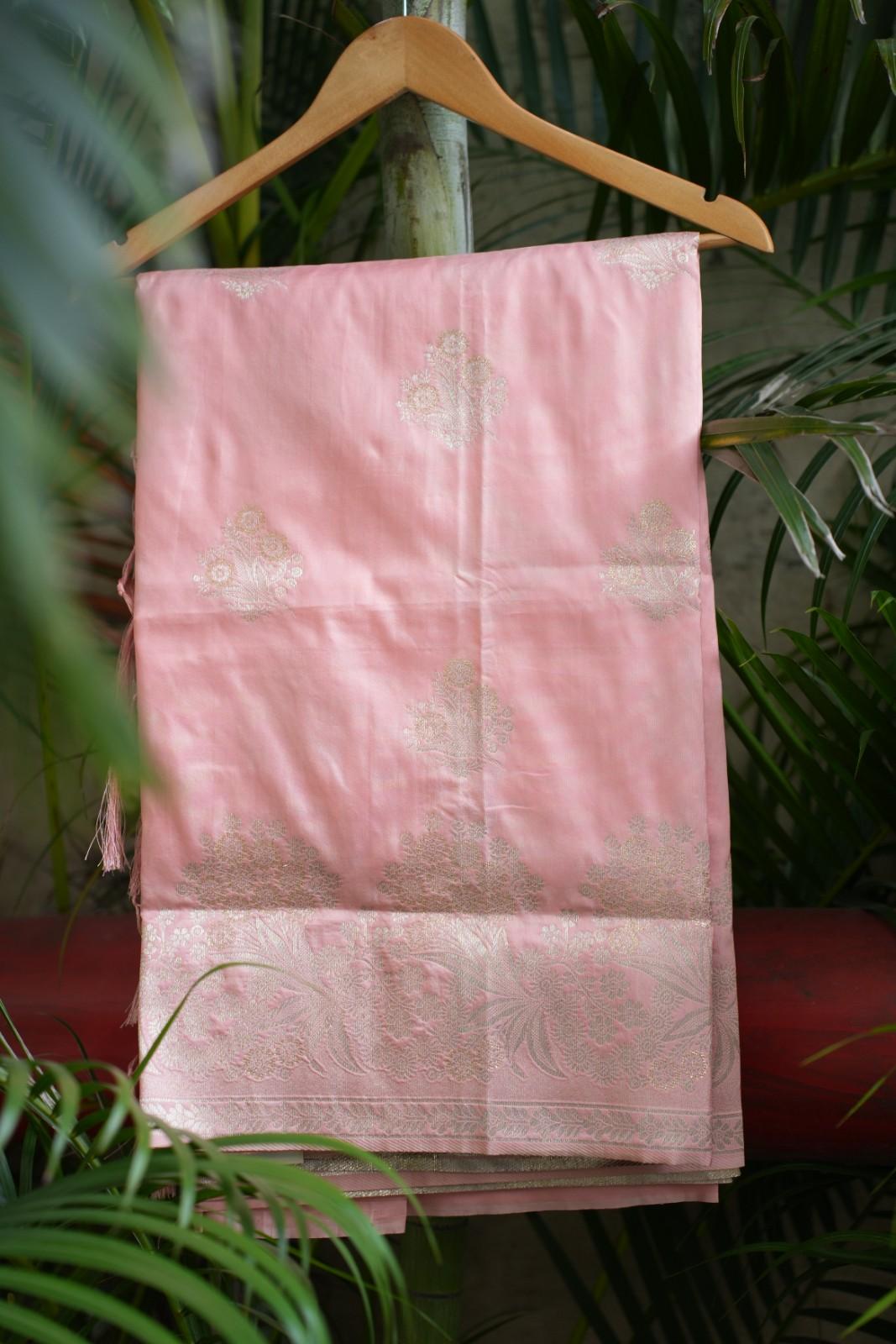 Beautiful Peach pink Banarasi With Silver Zari Border & Tassel On Pallu Ready To Wear Saree