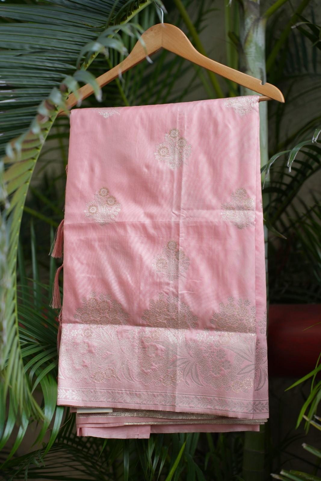 Beautiful Peach pink Banarasi With Silver Zari Border & Tassel On Pallu Ready To Wear Saree